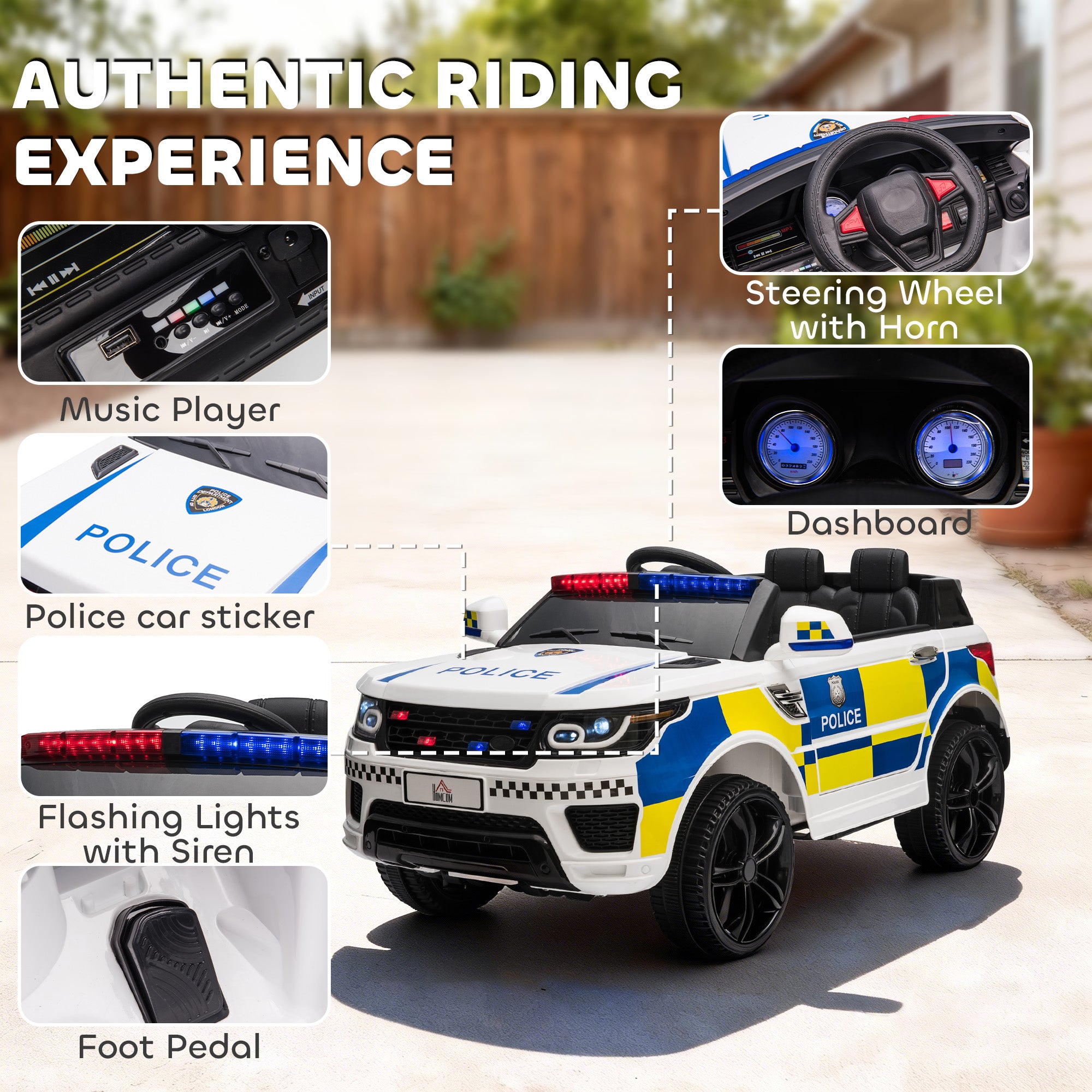 HOMCOM 12V Kids Electric Ride On Police Car 2 Motors with Parental Remote Control Siren Flashing Lights USB Portable for 3-6 Years White