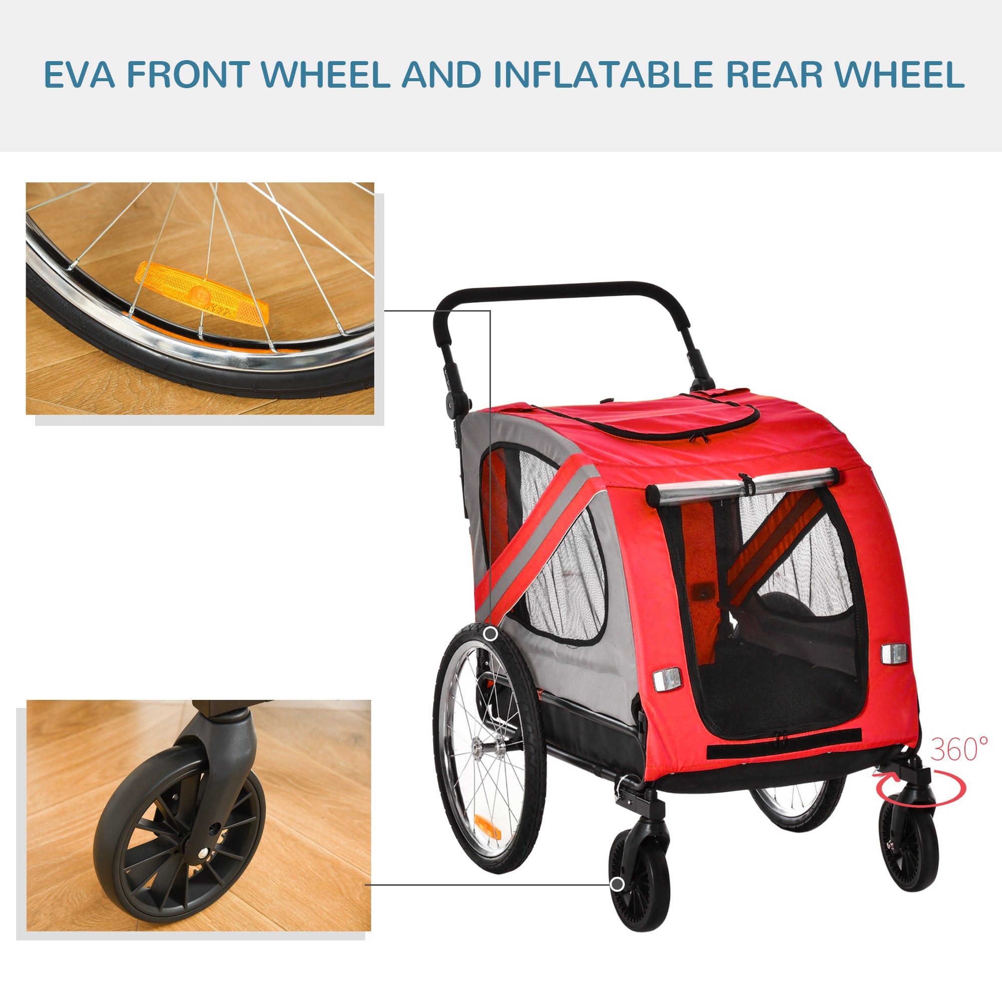 PawHut 2-In-1 Dog Bike Trailer Pet Stroller with Universal Wheel Reflector Flag Red