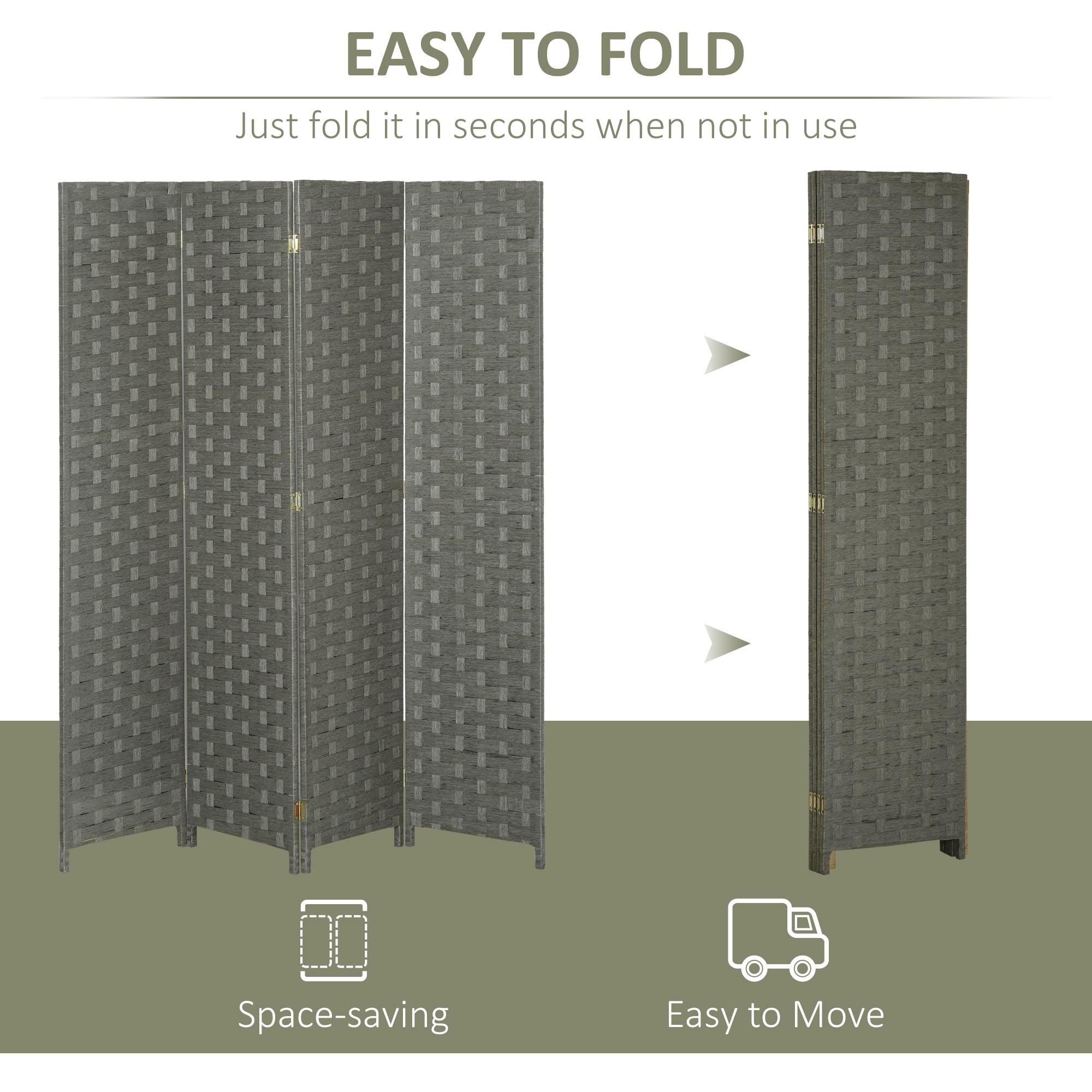 HOMCOM 4-Panel Room Dividers, Wave Fibre Freestanding Folding Privacy Screen Panels, Partition Wall Divider for Indoor Bedroom Office, 170 cm, Grey - North Peak Garden Furniture