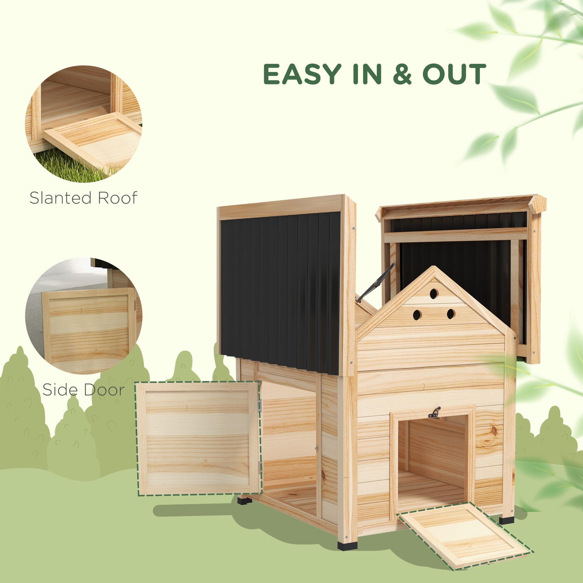 PawHut Wooden Duck House with Double Doors, Openable Roof, Ventilation Holes, Removable Base, Natural Wood Finish