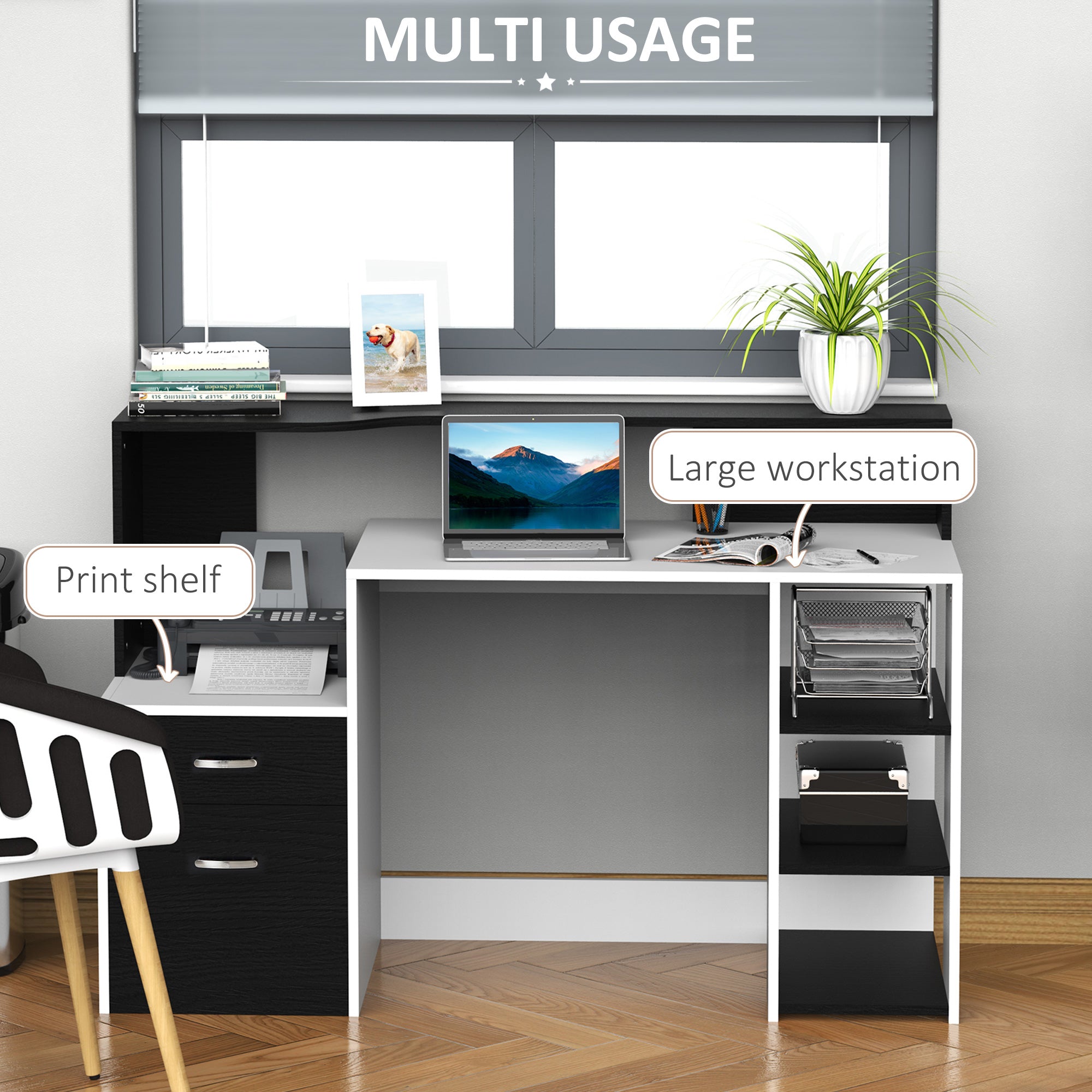 HOMCOM Computer Desk with Drawers and Storage Shelves, Reception Desk, Study Workstation for Home Office, 137 x 55 x 92cm, Black and White - North Peak Garden Furniture