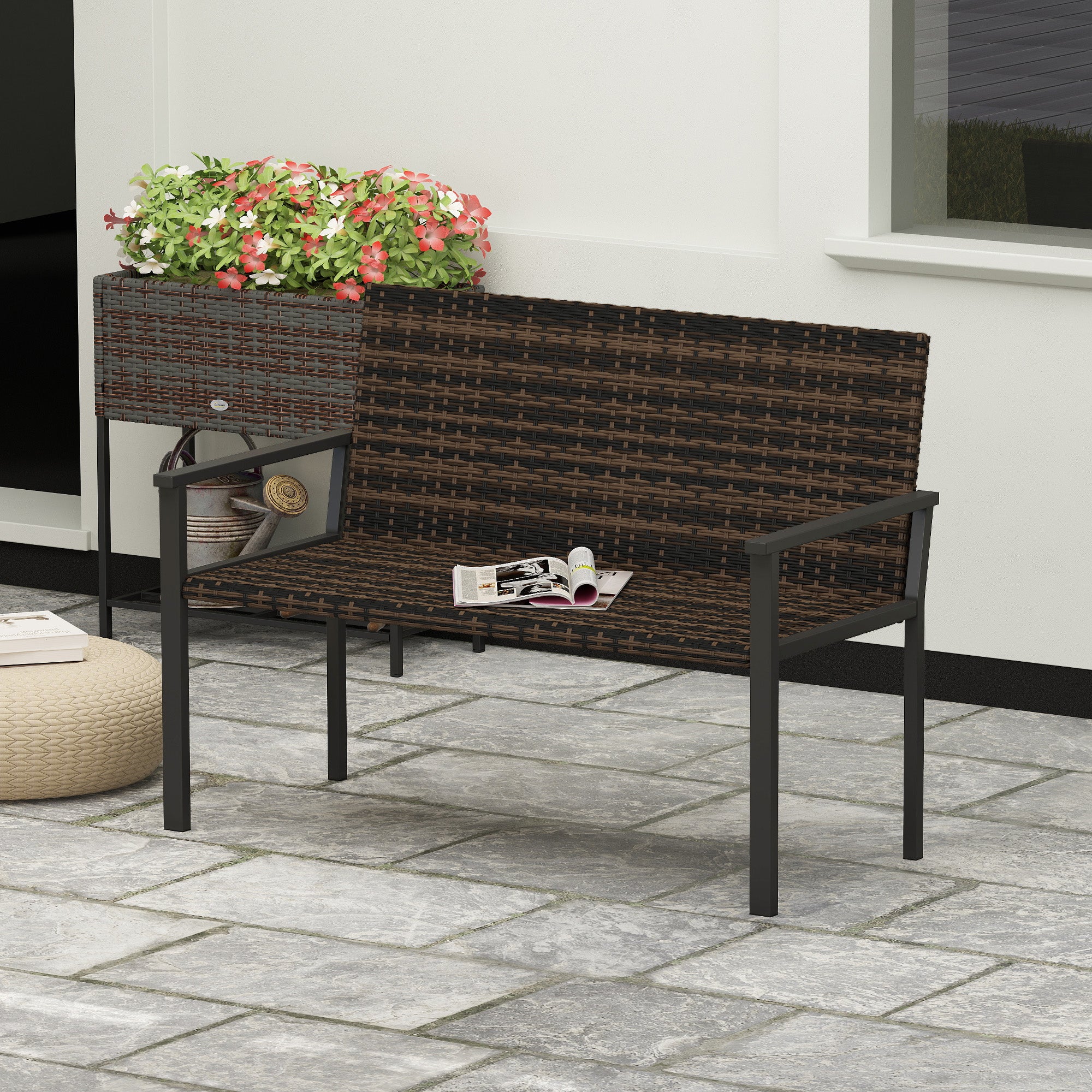 Outsunny 2 Seater Rattan Garden Bench, Outdoor Bench with Quick-Drying Cotton Padding, Wicker Garden Loveseat with Armrests, Steel Frame for Patio, Park, Mixed Brown - North Peak Garden Furniture