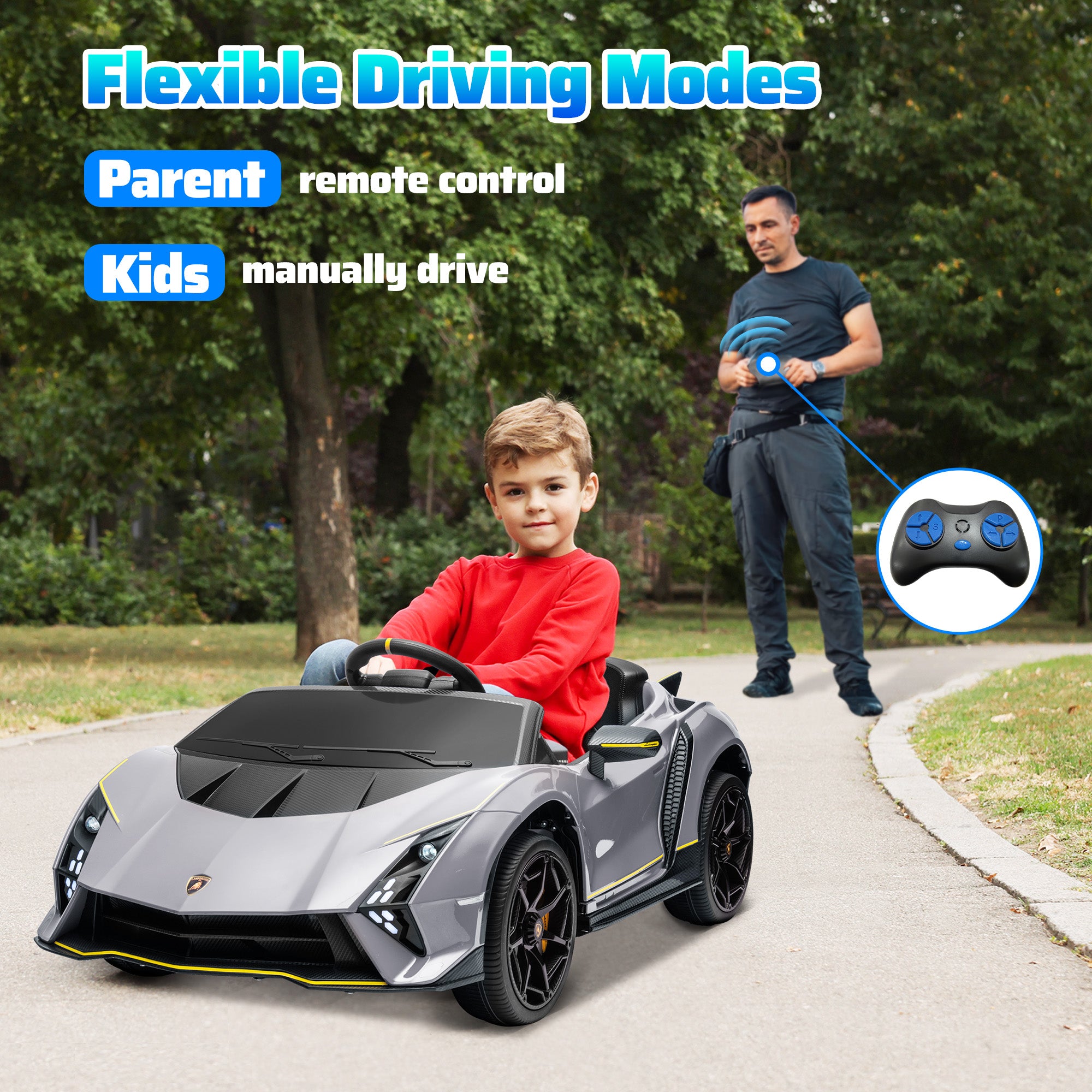 AIYAPLAY 12V Lamborghini Autentica Licensed Kids Electric Car with Remote Control, 4 Suspension Wheels, Soft Start, Grey