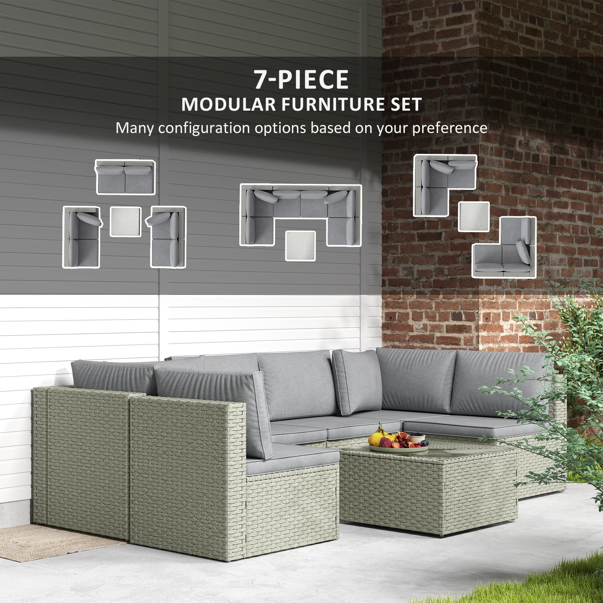 Outsunny 7 Pieces Rattan Garden Furniture Set, 6 Seater Garden Corner Sofa with Wide Seat, Cushions and Glass Top Table, Sectional Outdoor Furniture Conservatory Set for Patio, Light Brown - North Peak Garden Furniture