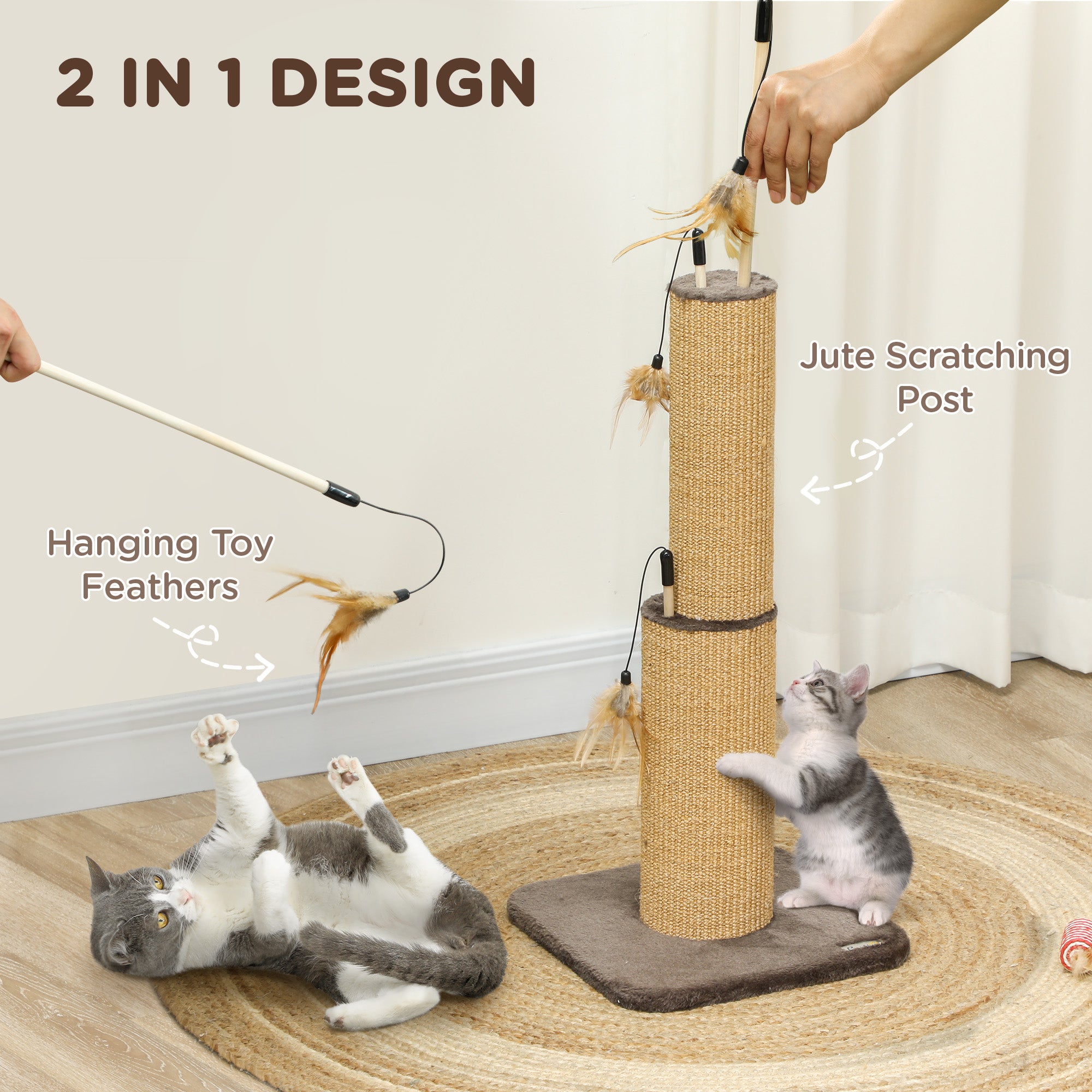 PawHut 78cm Tall 2 in 1 Cat Scratching Post with 3 Toy Feathers, Brown