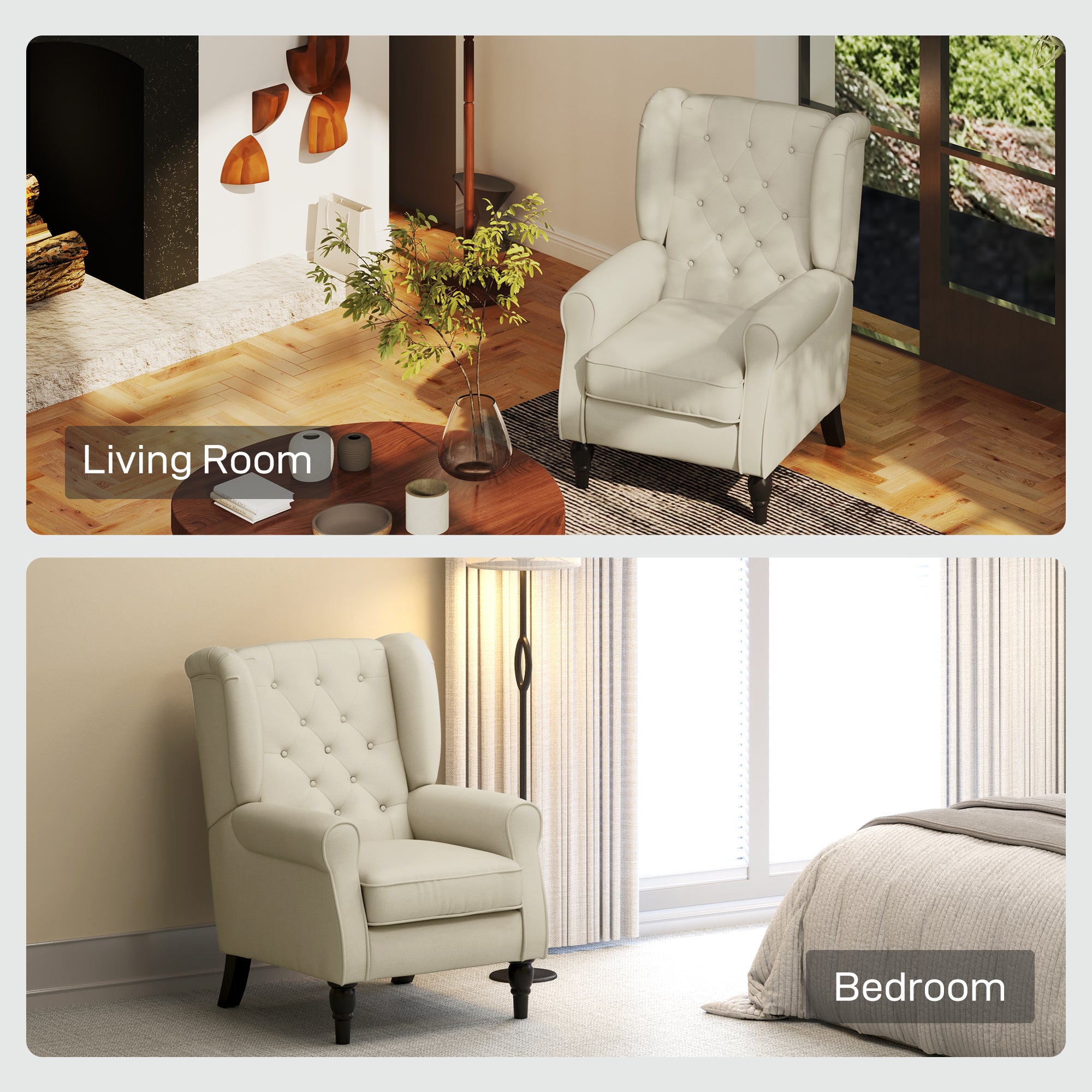 HOMCOM Wingback Accent Chair, Retro Upholstered Button Tufted Occasional Chair for Living Room and Bedroom, Cream White