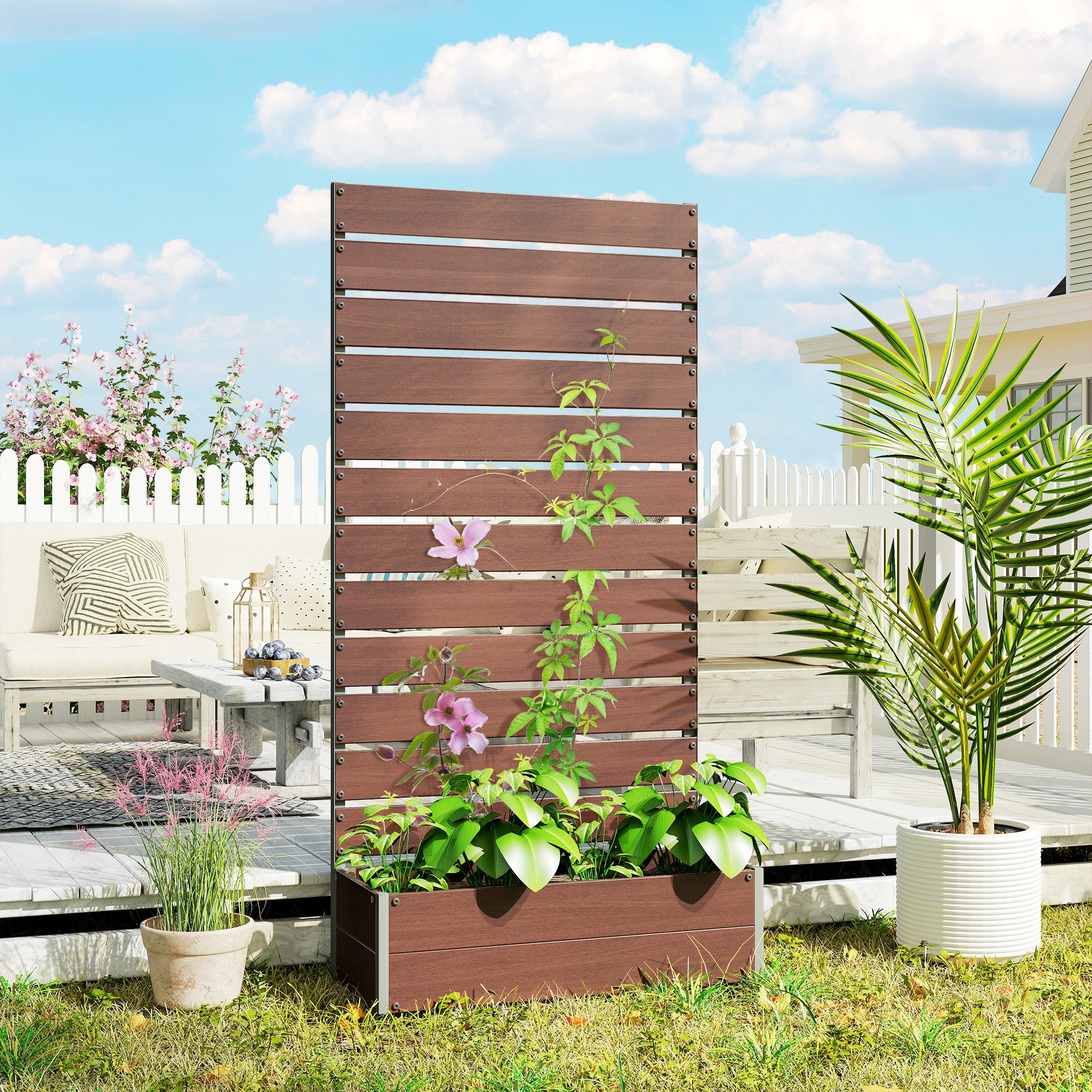 Outsunny Raised Bed for Garden, Planter with Trellis for Climbing Plants, Vines, Planter Box with Drainage Gap, Light Brown