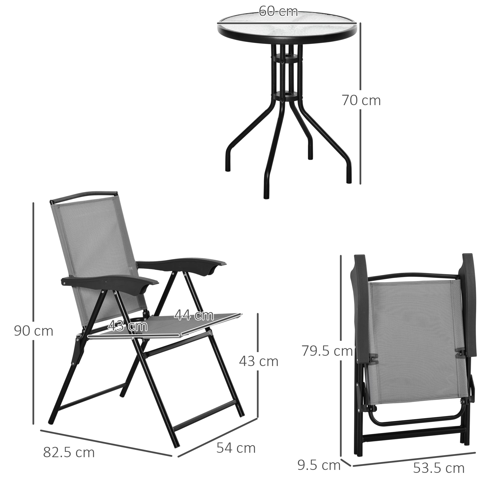 Outsunny 3 Piece Outdoor Bistro Set, Patio Conversation Furniture Set with 2 Folding Backrest Adjustable Armchairs and Glass Top Coffee Table, Grey - North Peak Garden Furniture