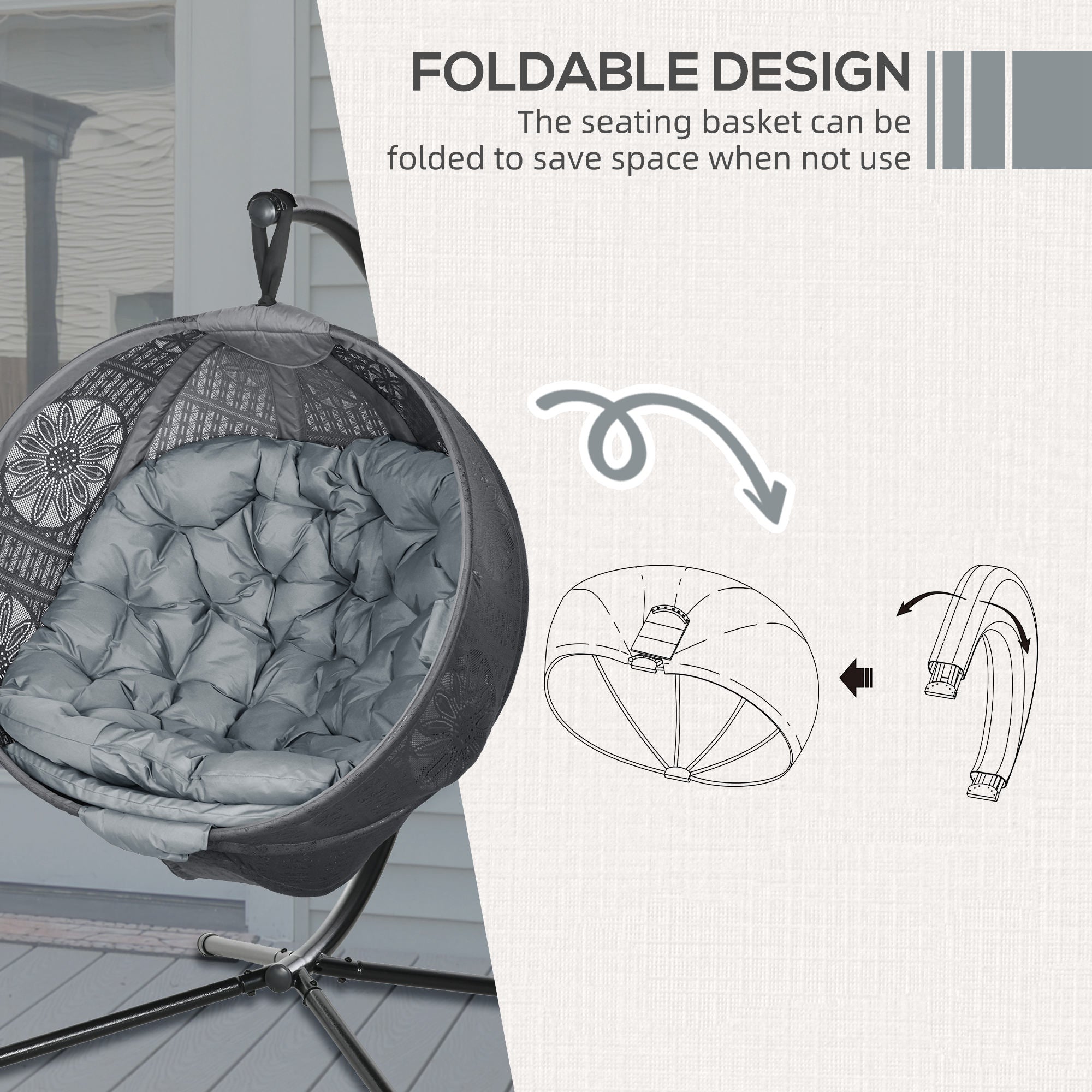 Outsunny Round Egg Basket Chair, with Steel Stand, Charcoal Grey - North Peak Garden Furniture