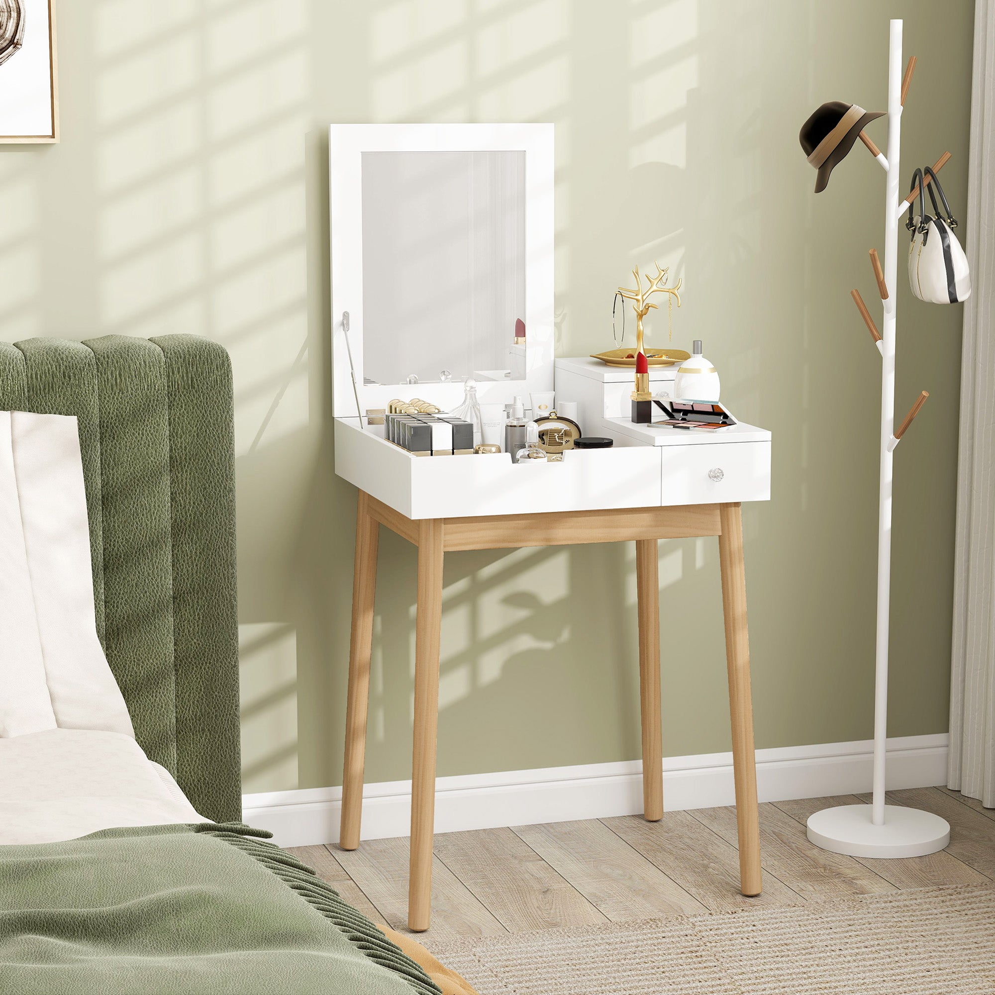 HOMCOM MDF,Pine Dressing Table Desk Flip-up Mirror Multi-purpose 2 Drawers Modern - White