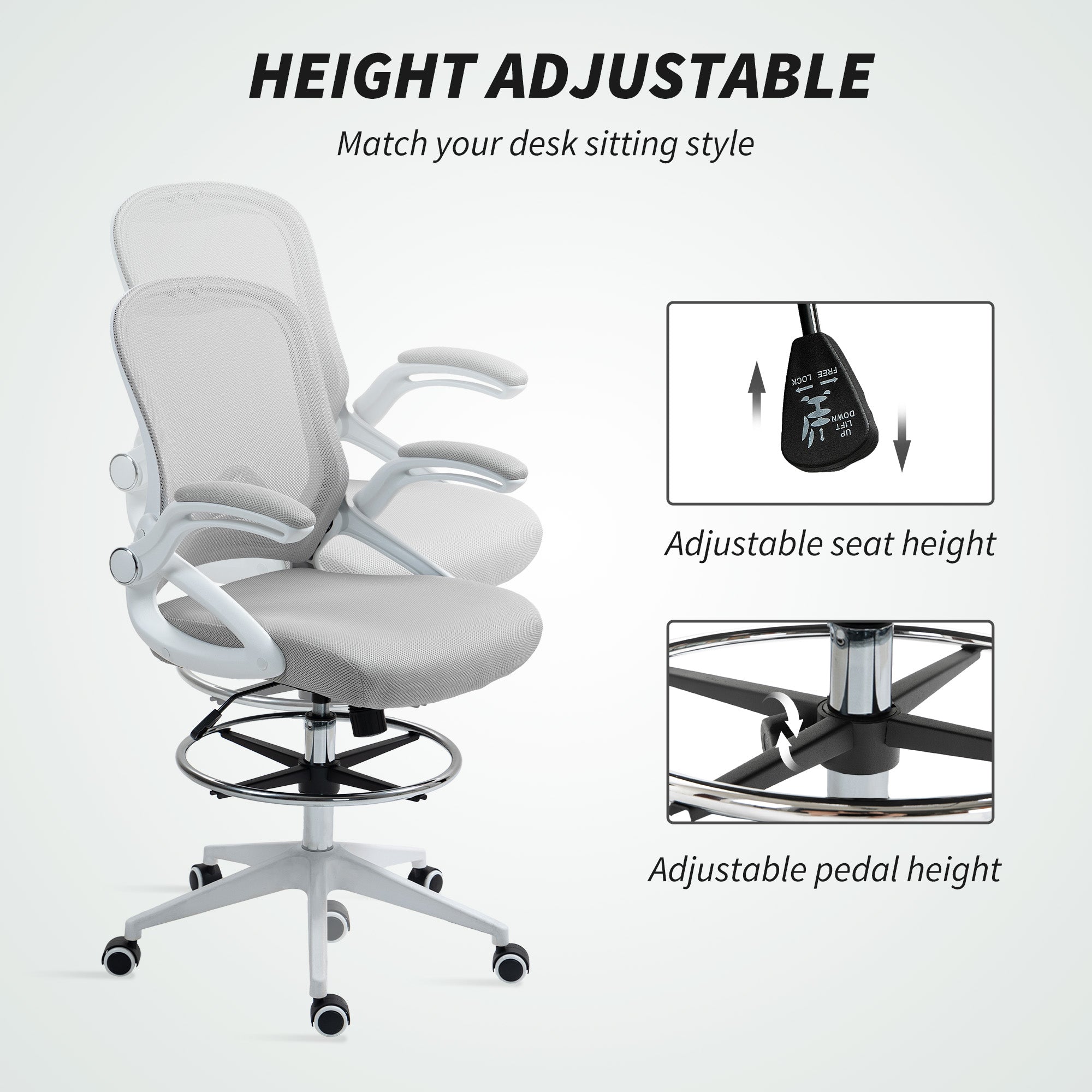 Vinsetto Drafting Chair with Flip-up Armrest, Mesh Office Stool with Foot Ring, 360° Swivel Height Adjustable Chair for Standing Desk, Light Grey - North Peak Garden Furniture