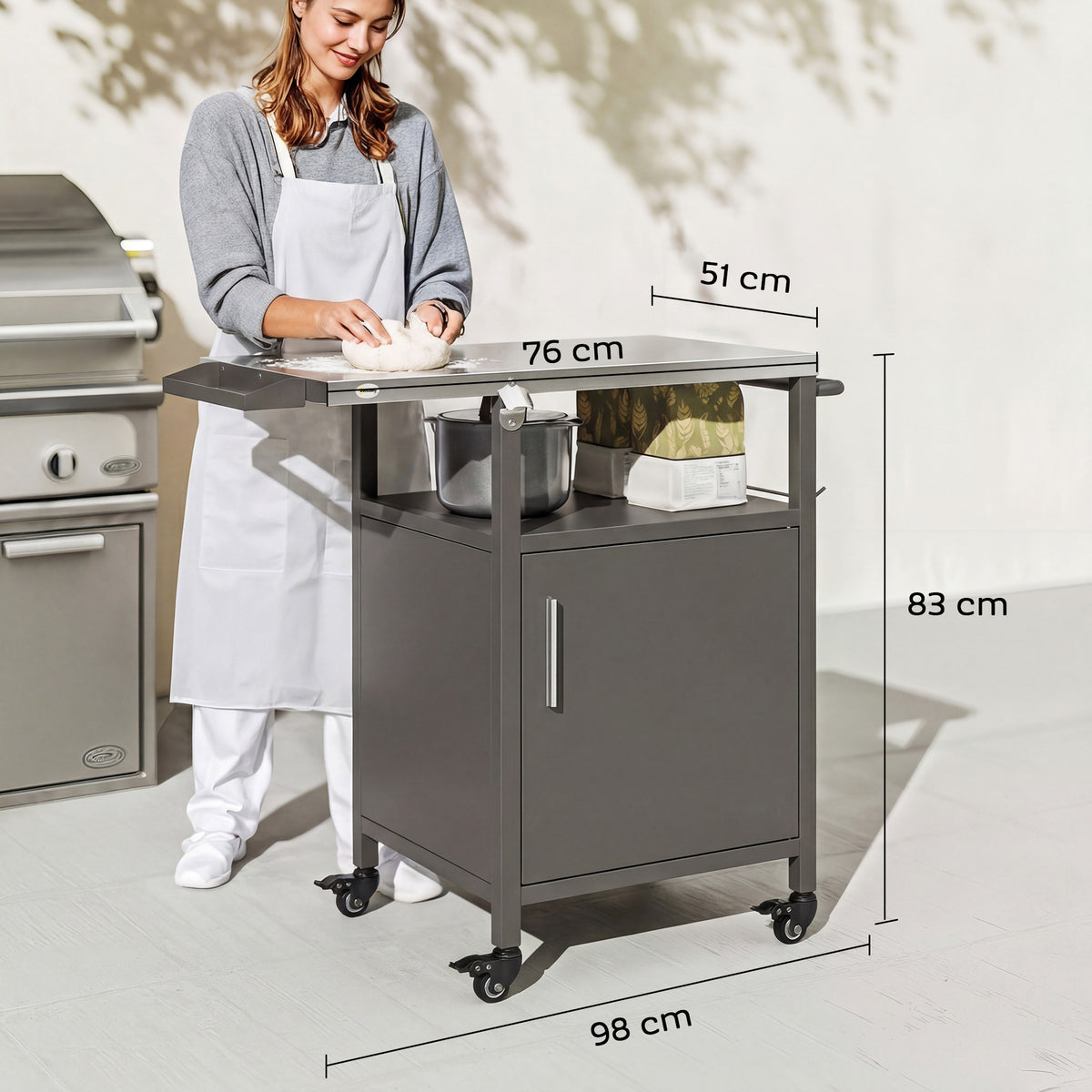 Outsunny Grill Cart with Stainless Steel Top, Pizza Oven Stand with Cabinet, Spice Rack, Towel Holder, Bottle Opener, Brown