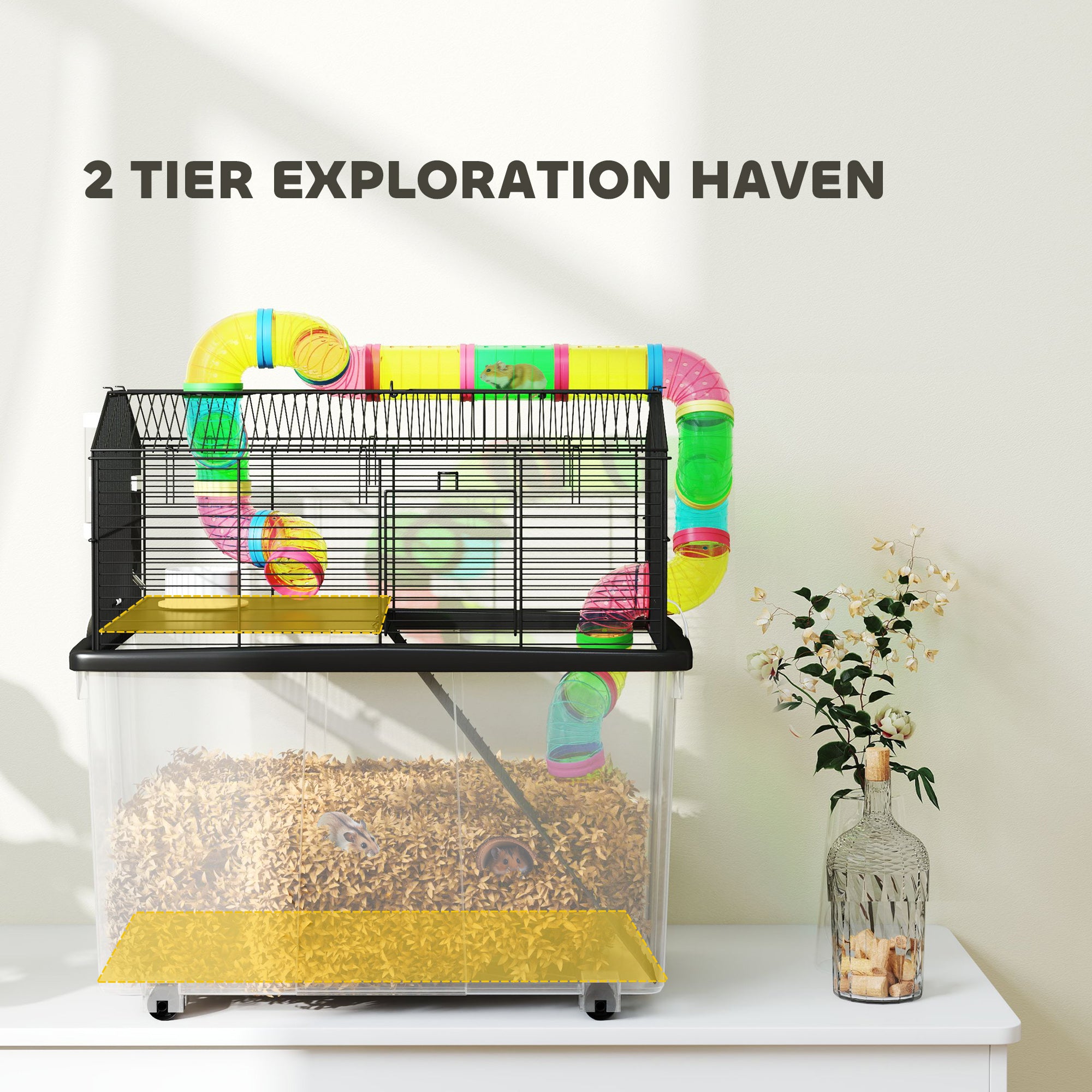 PawHut 2 Tier Hamster Cage with 31cm Deep Tray, Tube System, Water Bottle, Ramp, Feeding Bowl, 58 x 43 x 57cm, Multicolour - North Peak Garden Furniture