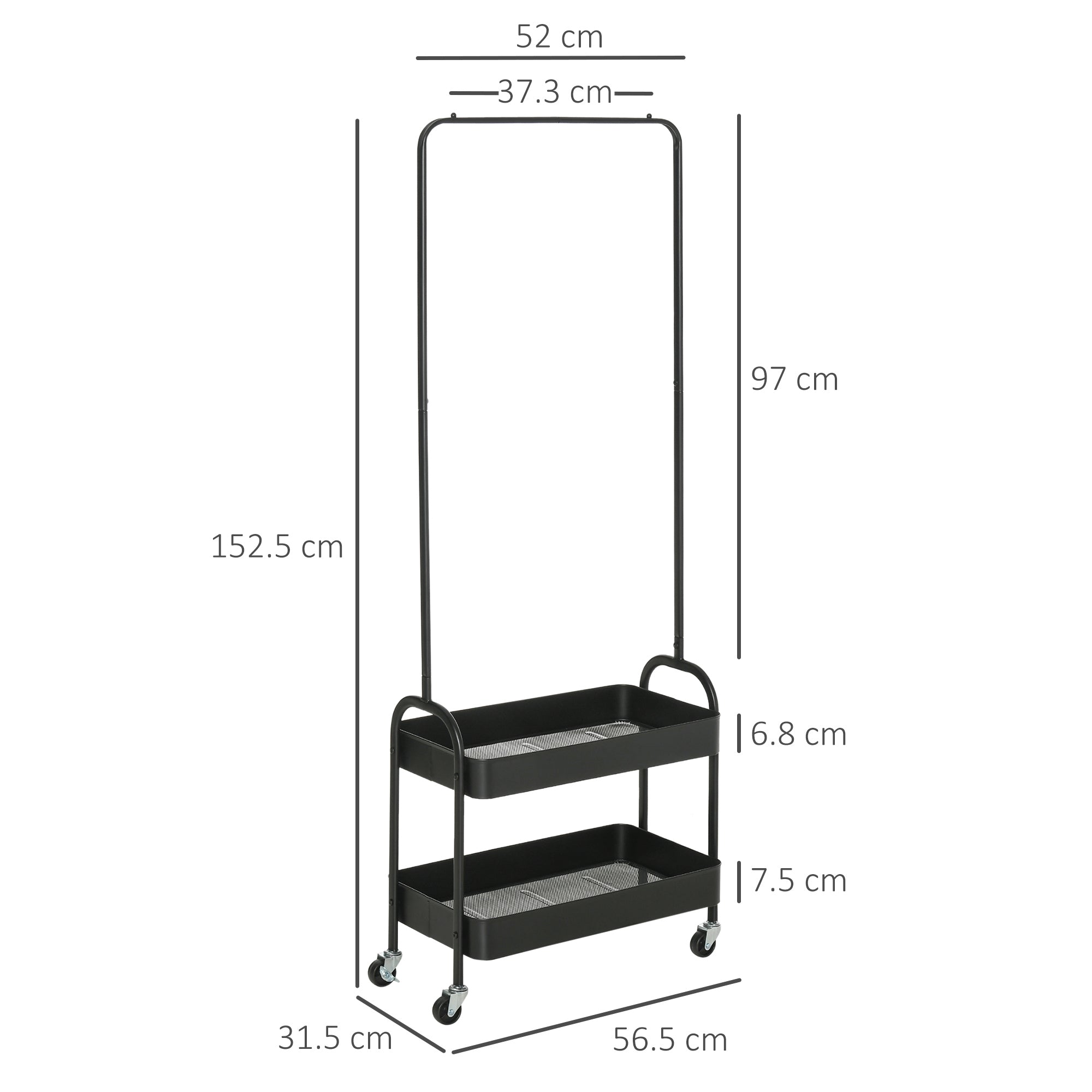 HOMCOM Metal Clothes Rack with Shoe Storage, Clothing Rail on Wheels, Freestanding Hall Tree, Coat Stand with 2 Storage Shelf, Black - North Peak Garden Furniture