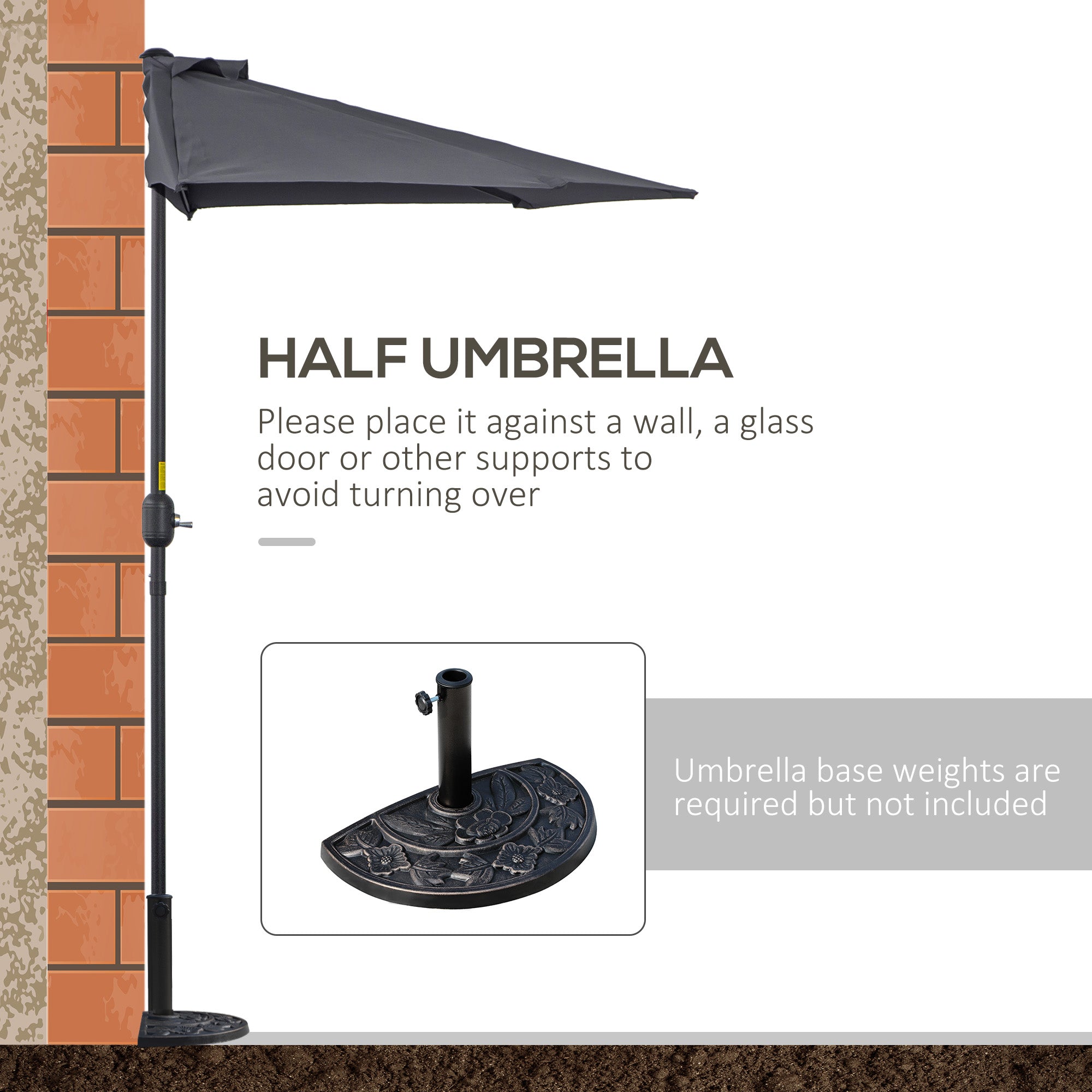 Outsunny 3(m) Half Parasol Semi Round Umbrella Patio Metal Frame Crank Handle for Balcony-- NO BASE INCLUDED, Grey - North Peak Garden Furniture