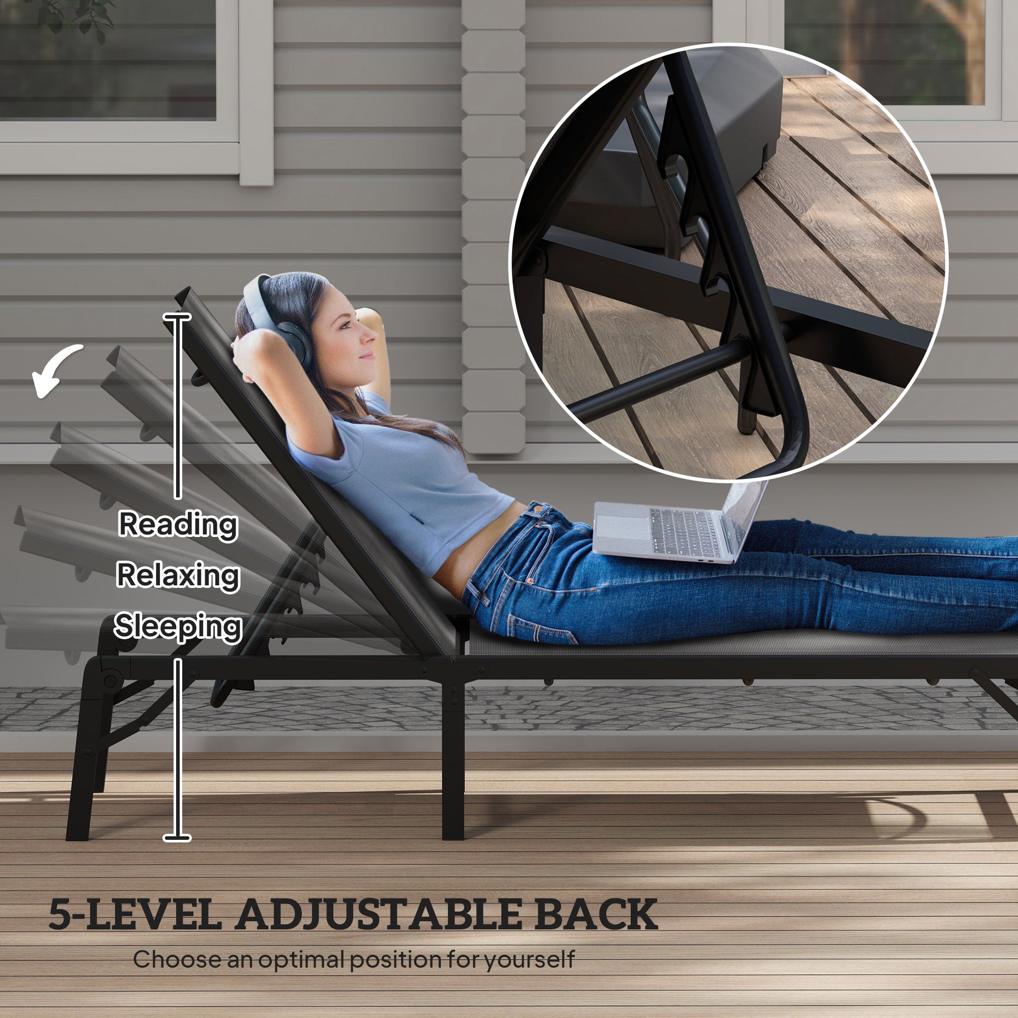 Outsunny Folding Sun Lounger, 5-Position Adjustable Garden Chaise Lounge Sunbed, Steel Frame Reclining Chair for Beach, Porch, Patio, Camping, Light Grey - North Peak Garden Furniture