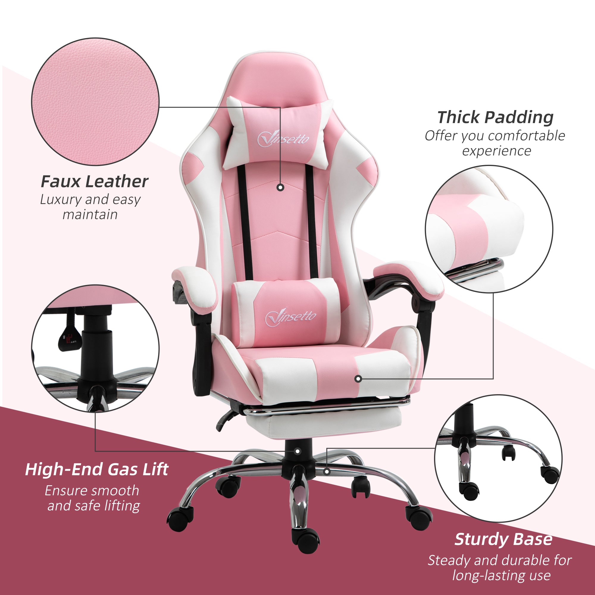 Vinsetto Pink Computer Gaming Chair, Desk Chair with 135° Reclining Back and Retractable Footrest, Adjustable PU Leather Lumbar Support and Headrest, Steel Base for Adults, Girls - North Peak Garden Furniture