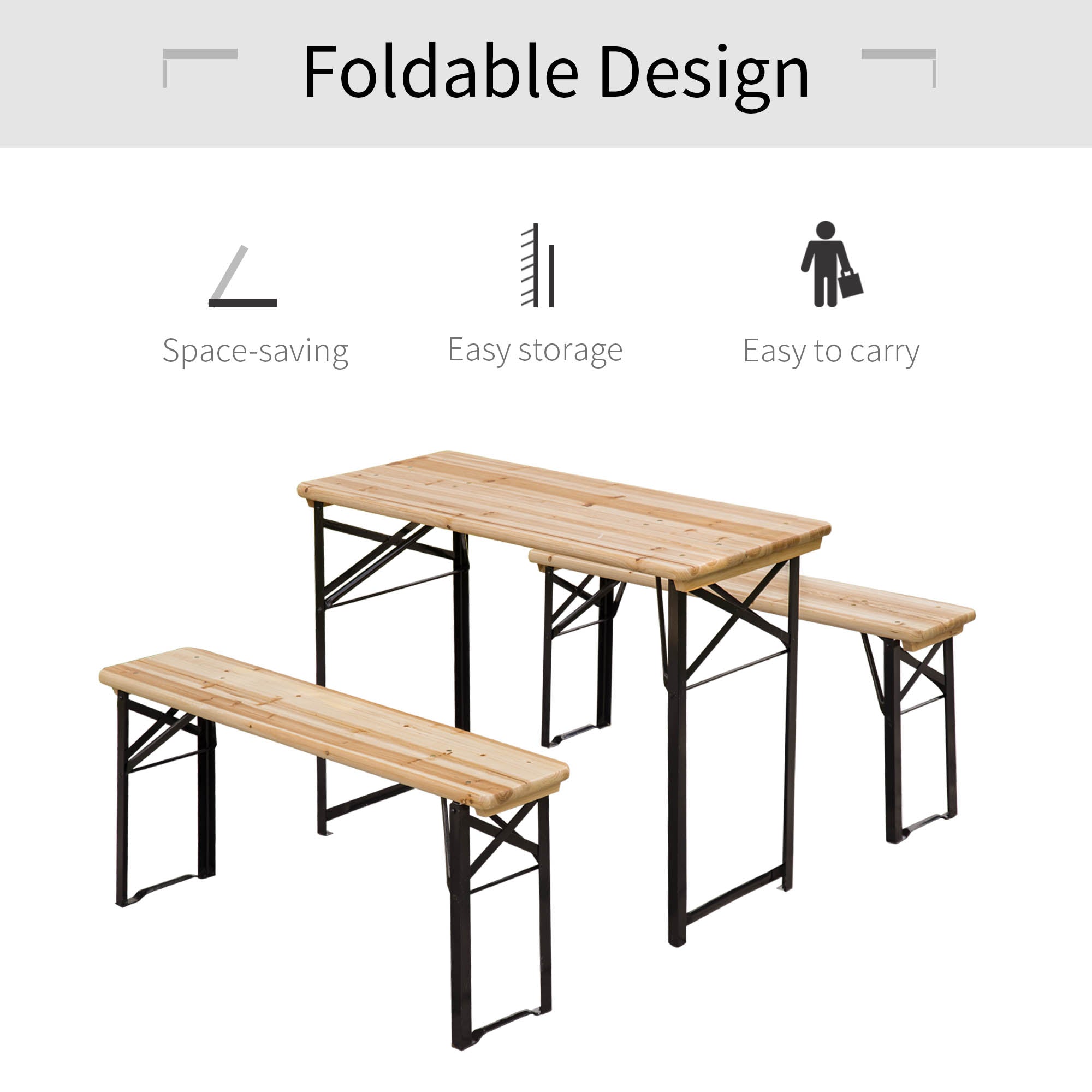 Outsunny Portable Folding Camping Picnic Trestle Beer Table and Bench Set Garden BBQ Chairs Stools Wooden Wood (120cm(L) x 25cm(W) x 46cm(H)) - North Peak Garden Furniture