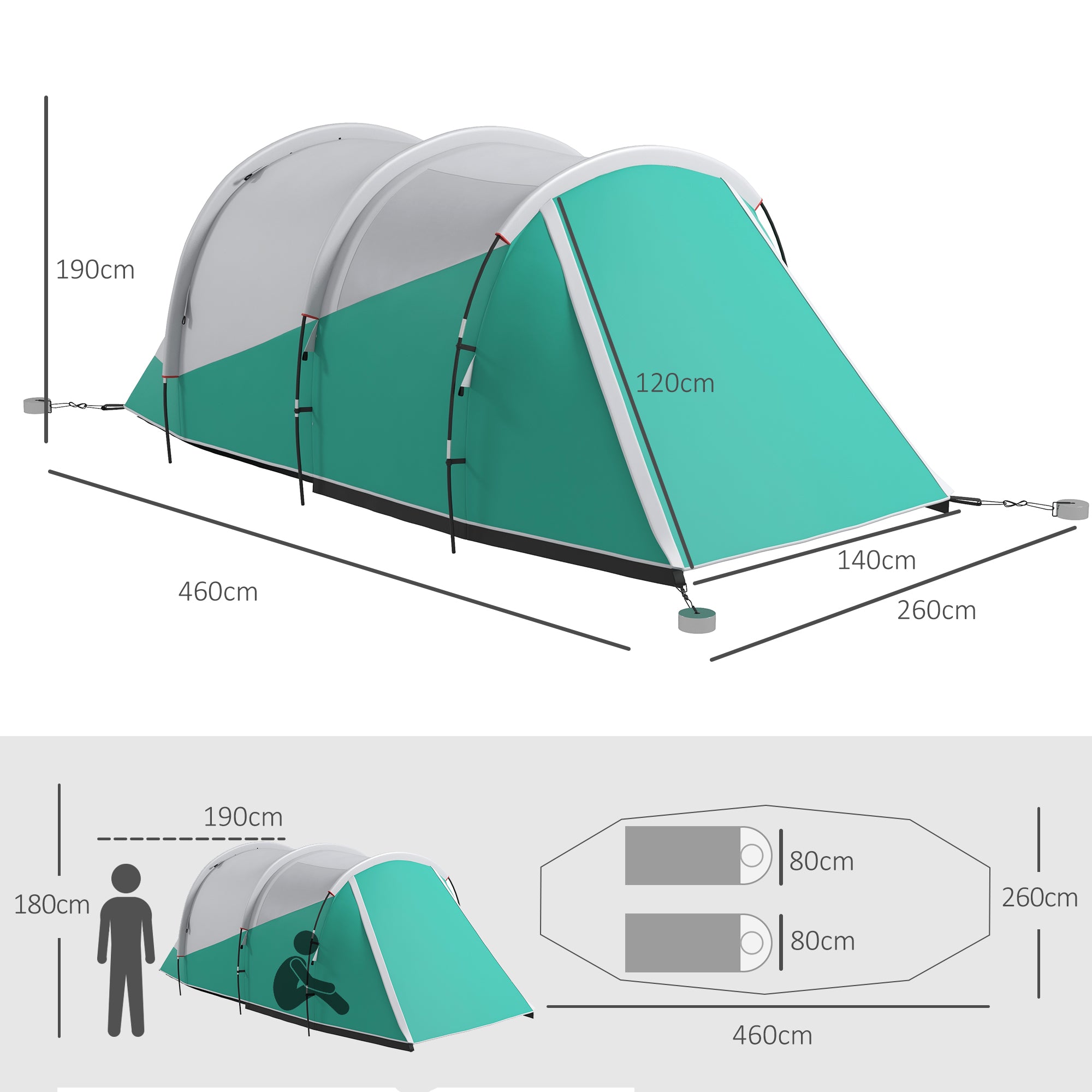 Outsunny Three-Man, 3000mm Water-Resistant Two-Room Tunnel Tent - Green - North Peak Garden Furniture