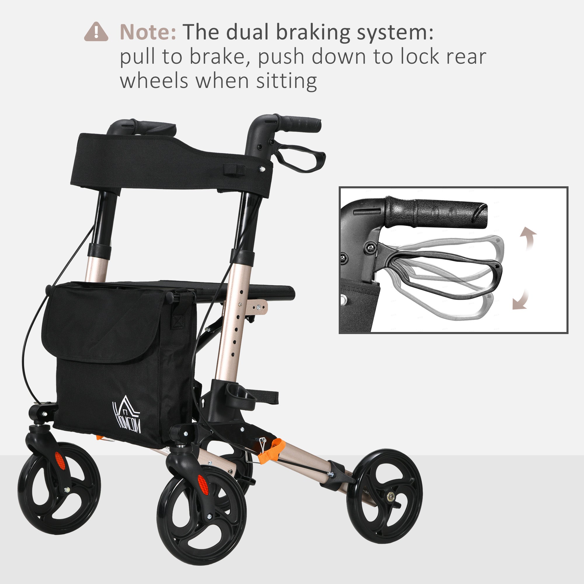 HOMCOM 4 Wheel Rollator with Seat and Back, Folding Mobility Walker with Carry Bag, Adjustable Height, Dual Brakes, Cane Holder, Lightweight Aluminium Walking Frame for Seniors and Disabled, Gold Tone - North Peak Garden Furniture