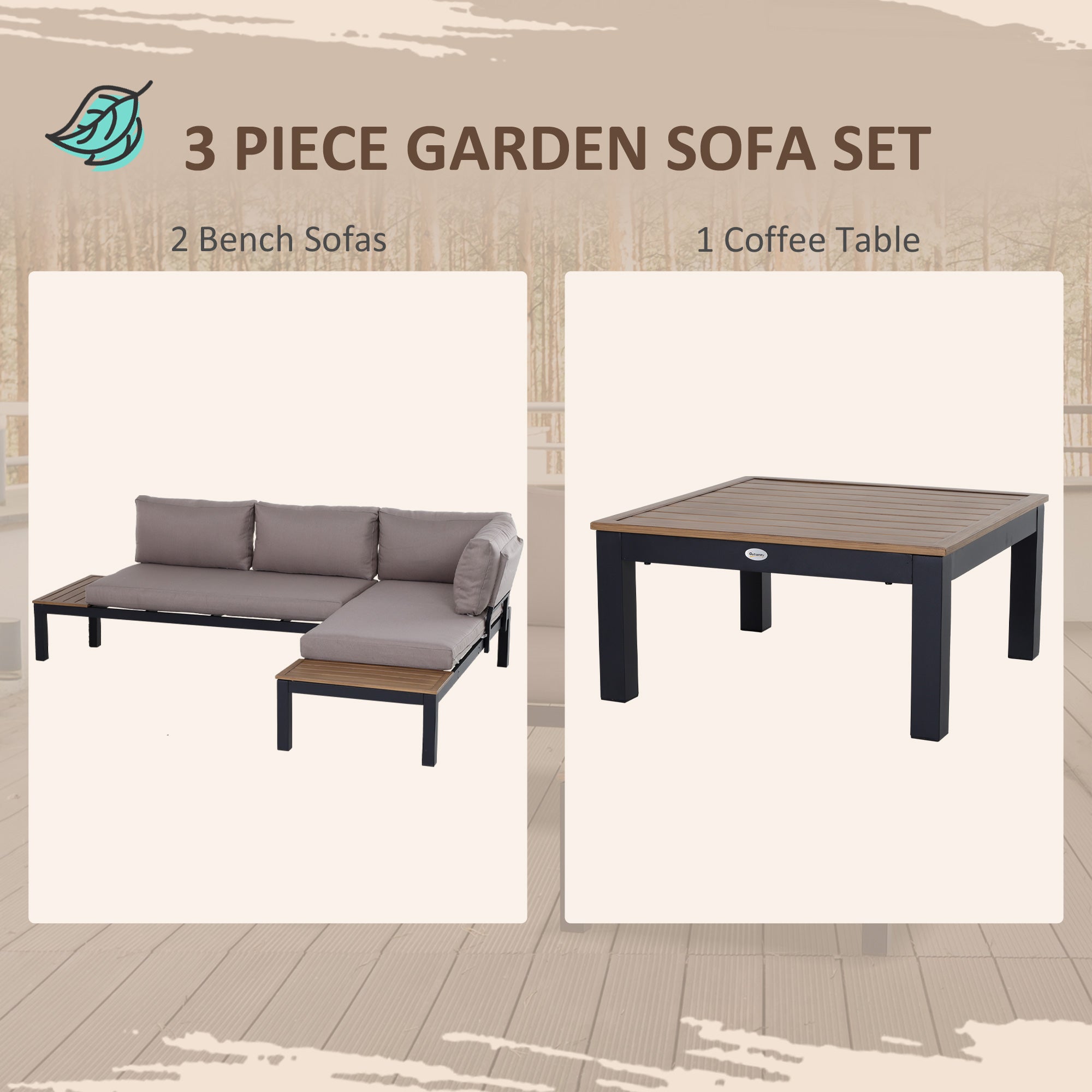 Outsunny 3 Pieces Garden Furniture Sets, Aluminium Outdoor Corner Sofa set with 2 Loveseat and Coffee Table with Cushions for Patio, Garden, Black