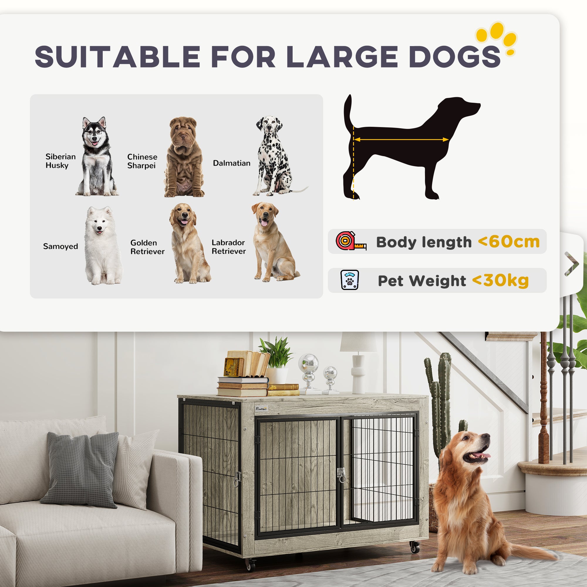 PawHut Dog Crate Furniture with Wheels, Double Doors, for Large Dogs, 100 x 60 x 73.5cm, Grey - North Peak Garden Furniture