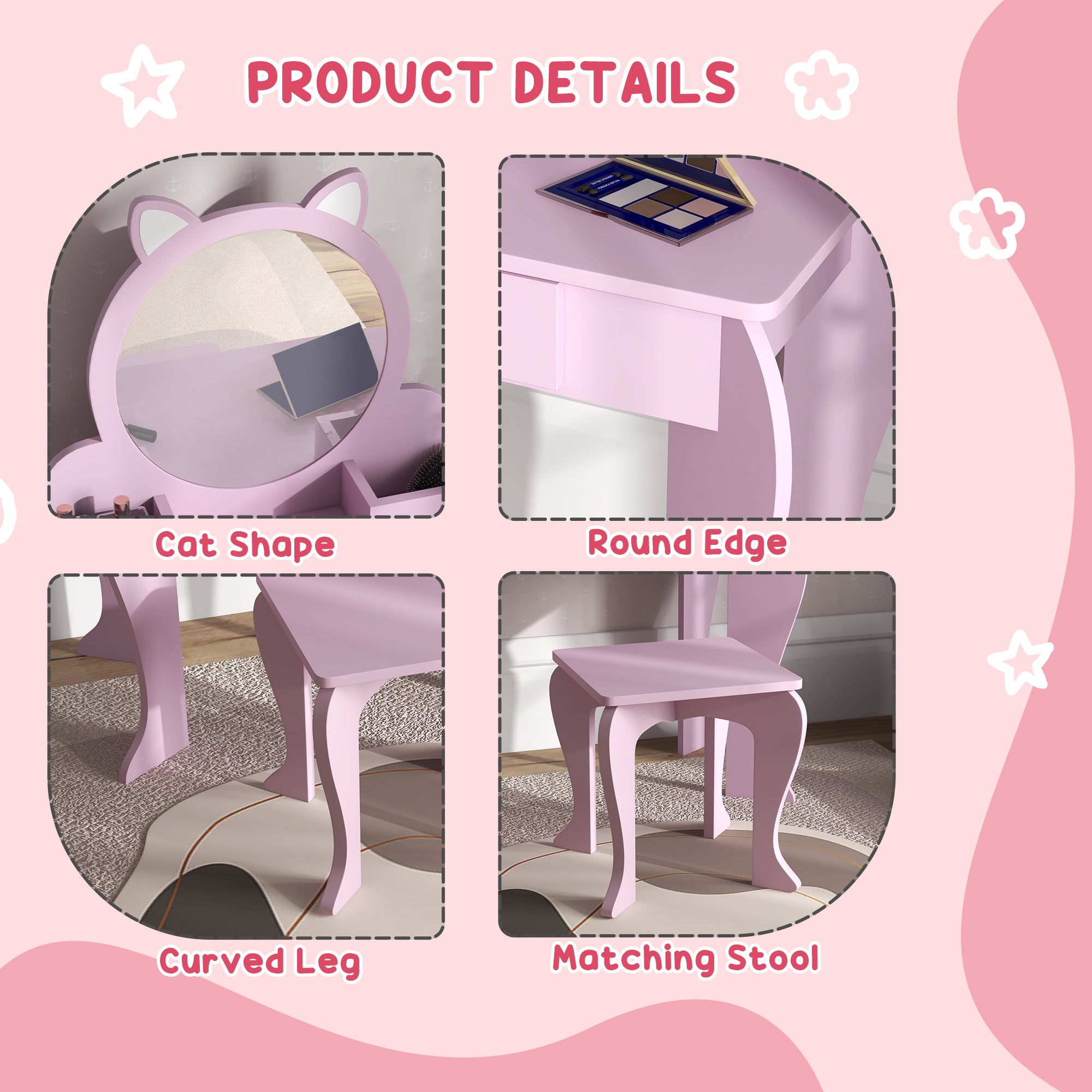 ZONEKIZ Kids Vanity Table with Mirror, Stool, Drawer, Storage Boxes, Cat Design, for Ages 3-6 Years - Pink - North Peak Garden Furniture