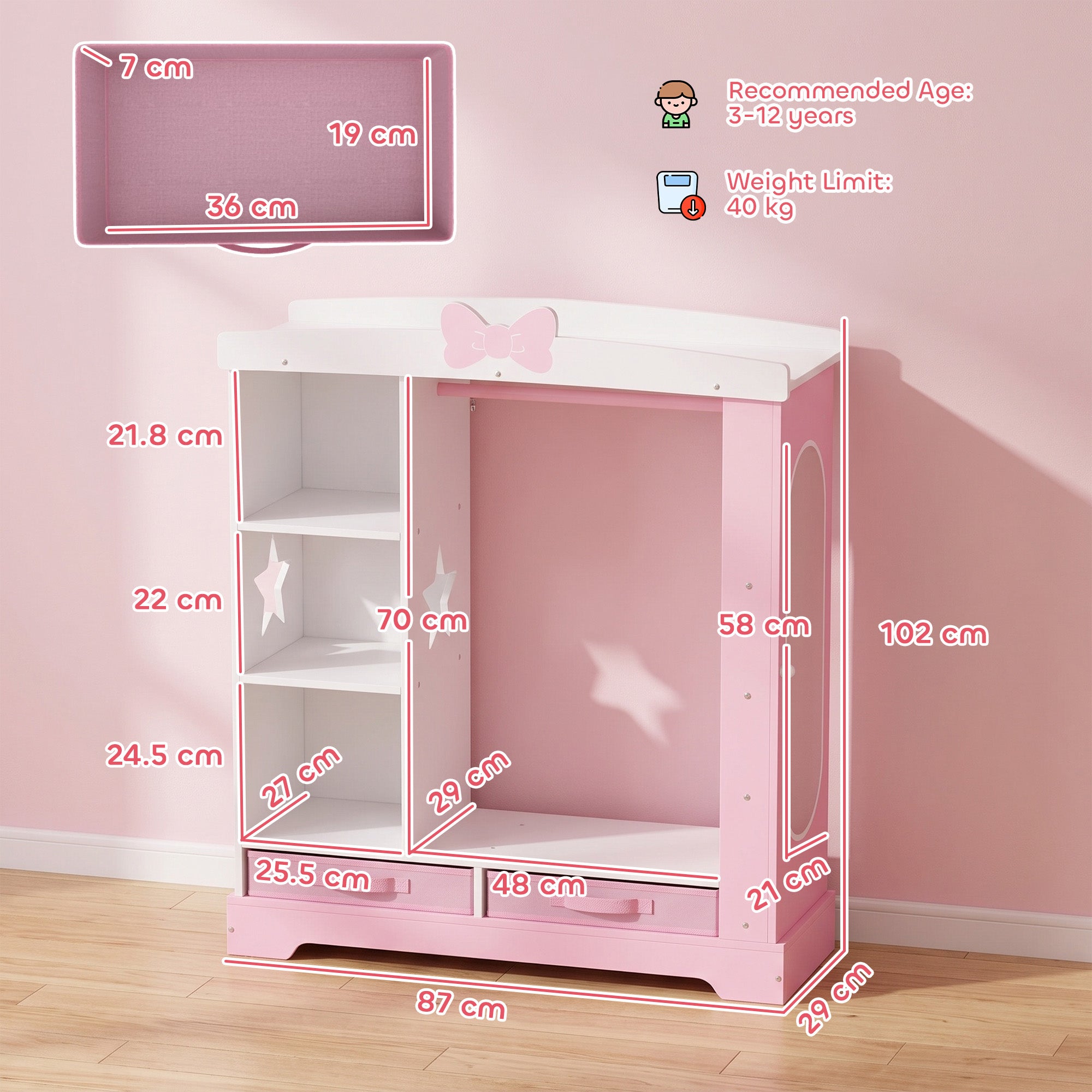 AIYAPLAY Kids Wardrobe with Lighted Mirror, Clothes Rail, Jewelry Cabinet, Shelves, Storage Boxes for Bedroom, Nursery, Pink