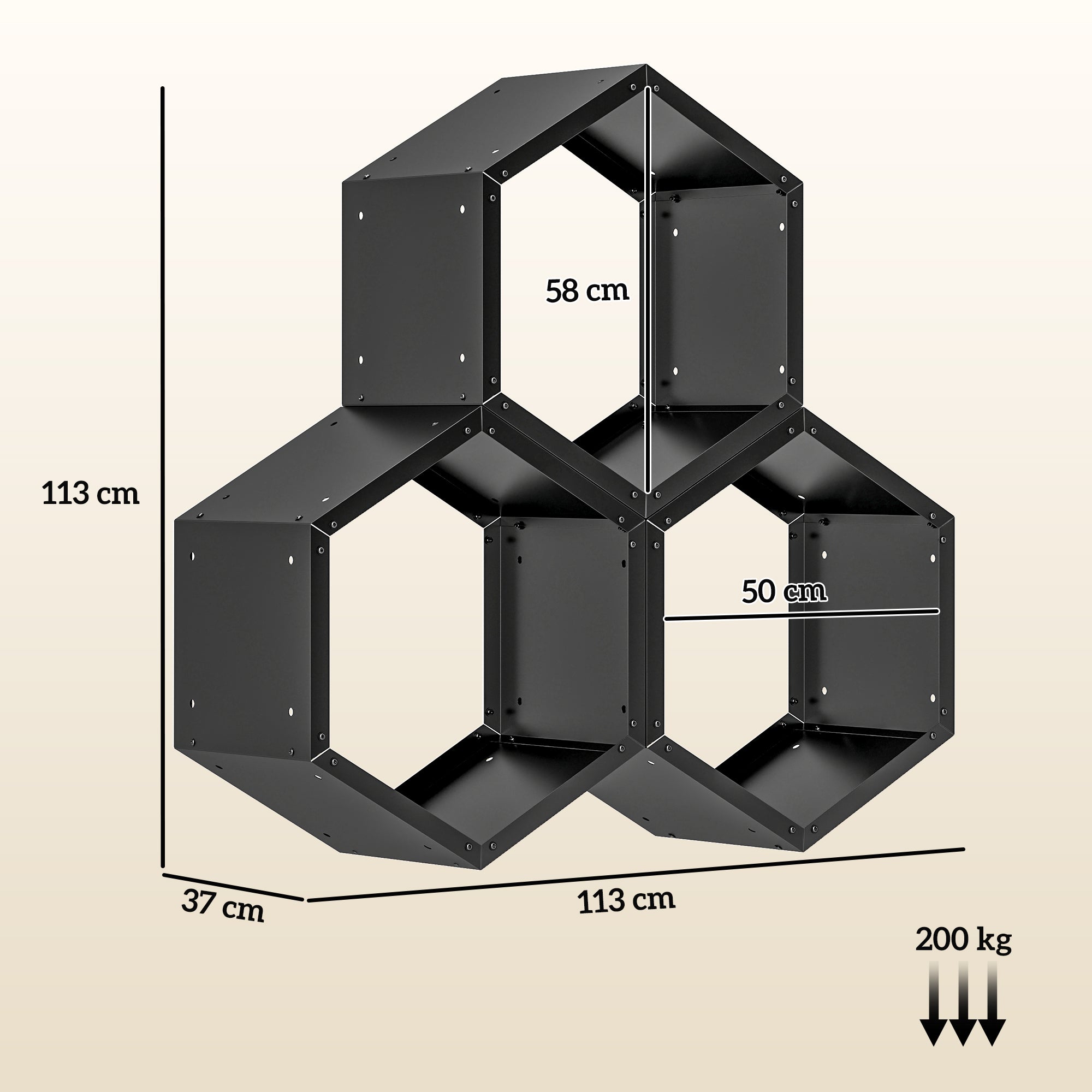 Outsunny Fireplace Log Rack, Steel Firewood Log Holder, 3 Hexagon Boxes, Indoor Outdoor Wood Storage Shelf, 113 x 37 x 113cm, Black