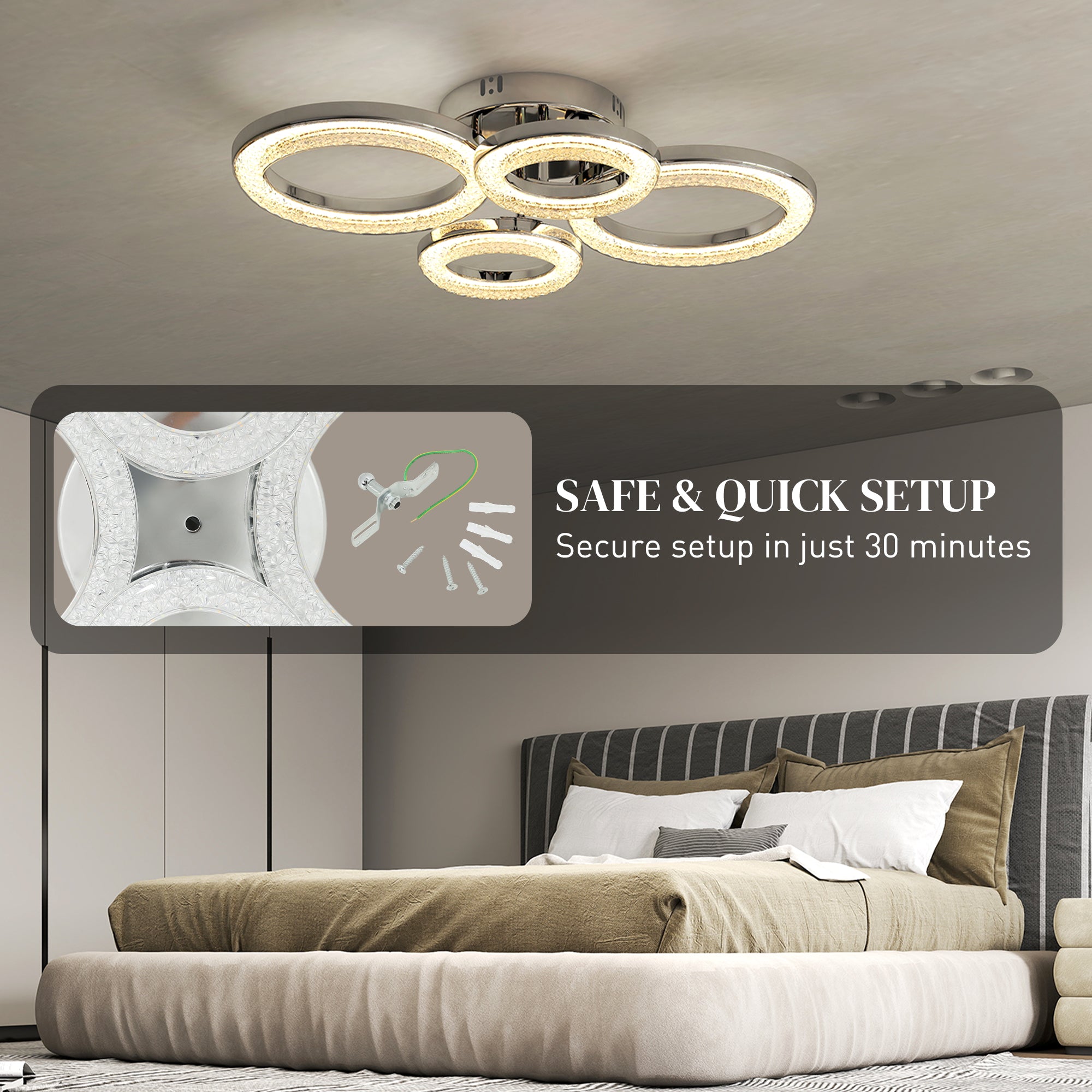 HOMCOM LED Ceiling Light, Modern 4 Rings Ceiling Lamp with Wall Switch Control, 40W 4350lm Flush Mount Ceiling Light with 3500K/4500K/6000K Colour Temperatures for Living Room, Bedroom, Silver Tone