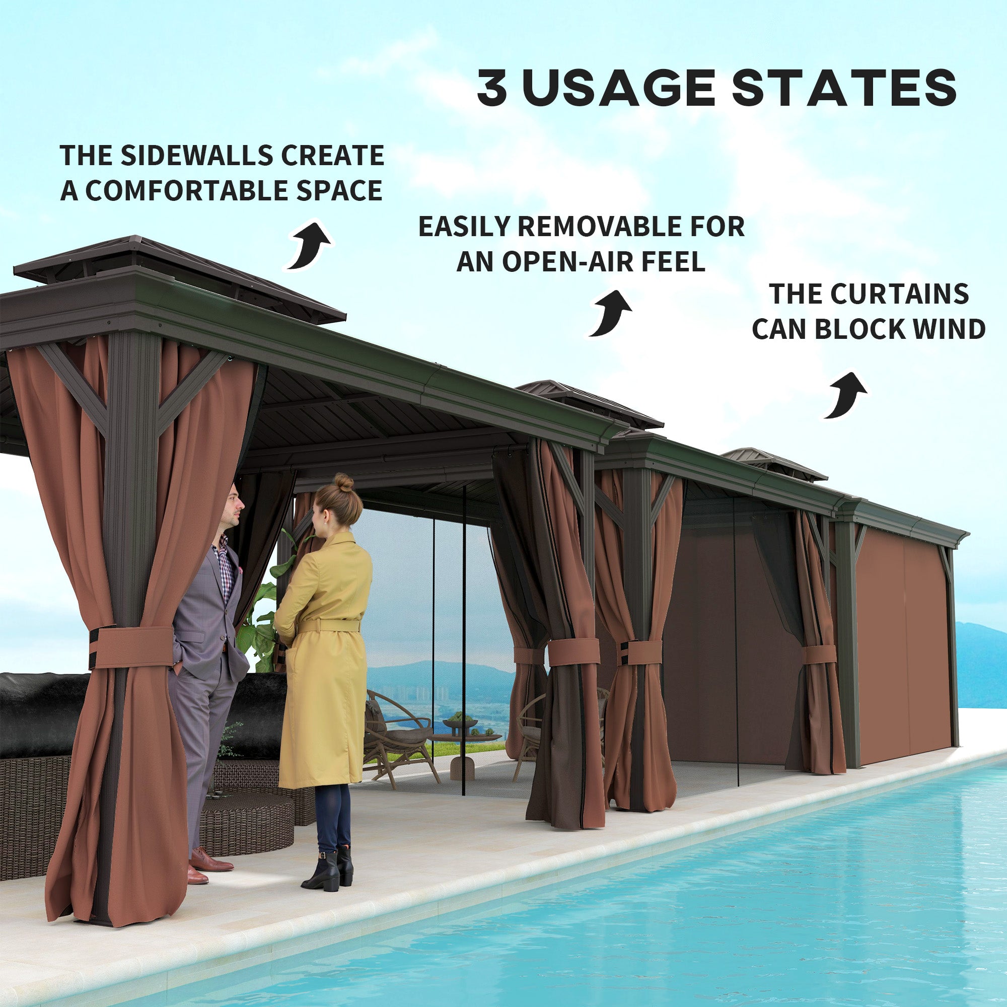 Outsunny 3 x 3.7m Outdoor Hardtop Gazebo Canopy Aluminium Frame with 2-Tier Roof & Mesh Netting Sidewalls for Patio, Dark Brown - North Peak Garden Furniture