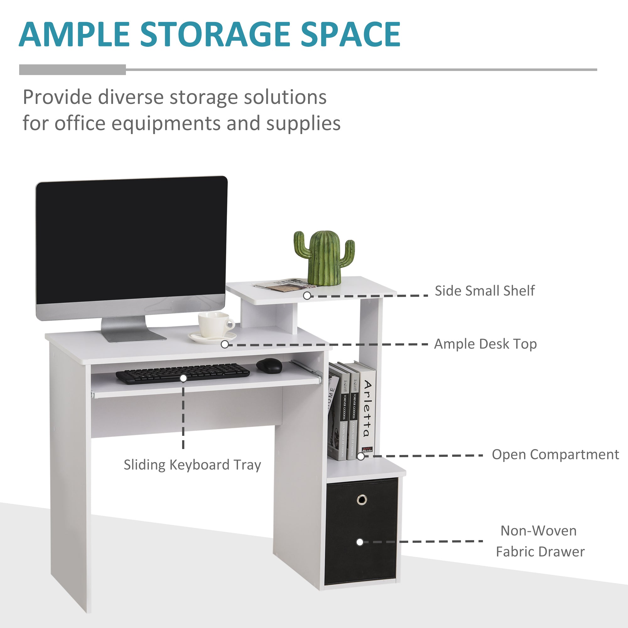 HOMCOM Computer Desk with Sliding Keyboard Tray Storage Drawer Shelf Home Office Workstation White - North Peak Garden Furniture