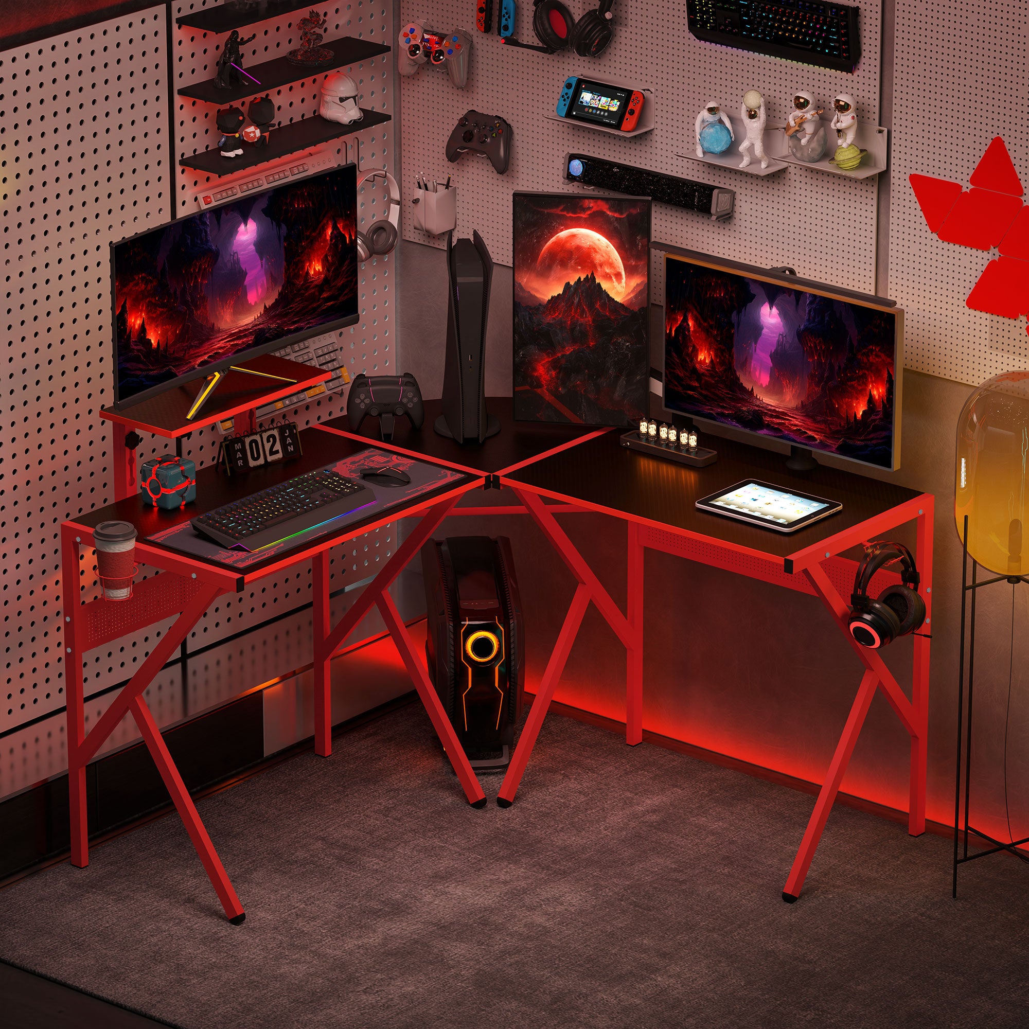 HOMCOM Gaming Desk L-Shaped Corner Computer Table for Home Office PC Workstations with Adjustable Monitor Stand Cup Holder Headphone Hook 125x125x75cm, Red - North Peak Garden Furniture