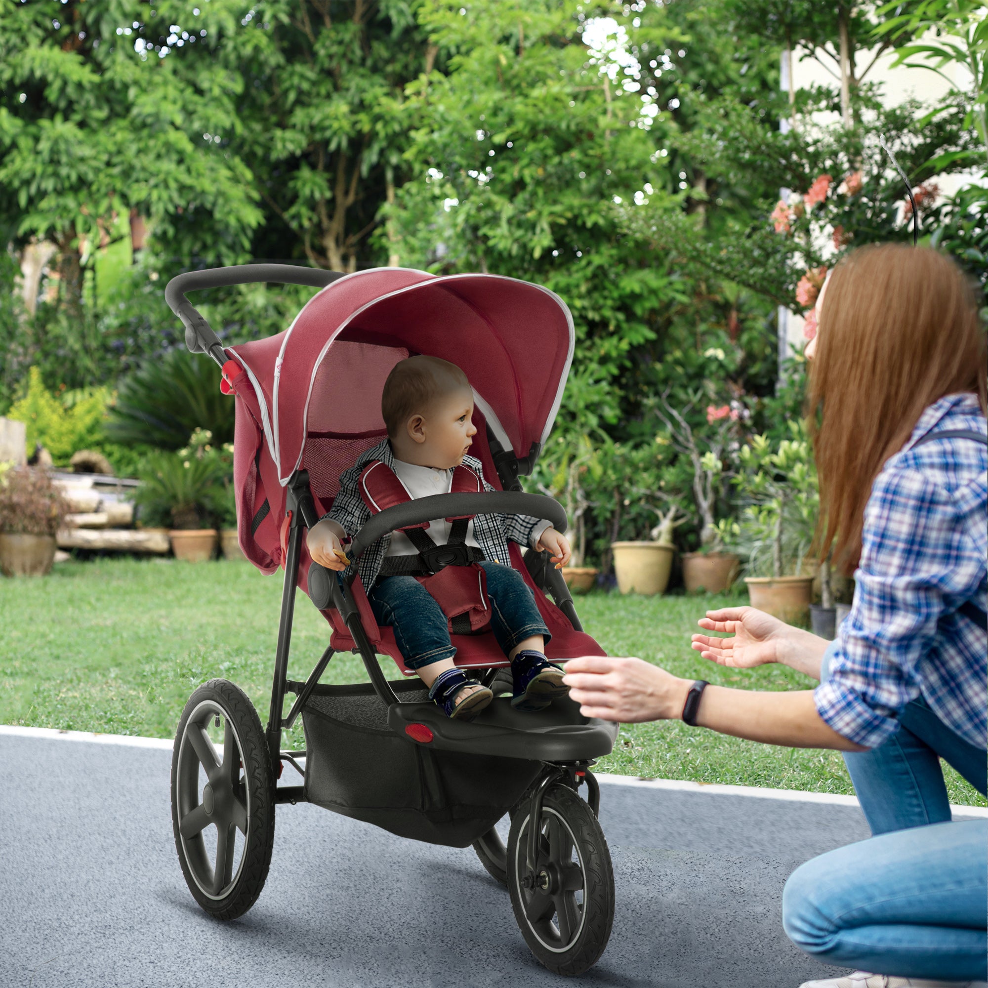 HOMCOM Foldable Three-Wheeler Baby Stroller w/ Canopy, Storage Basket - Red - North Peak Garden Furniture