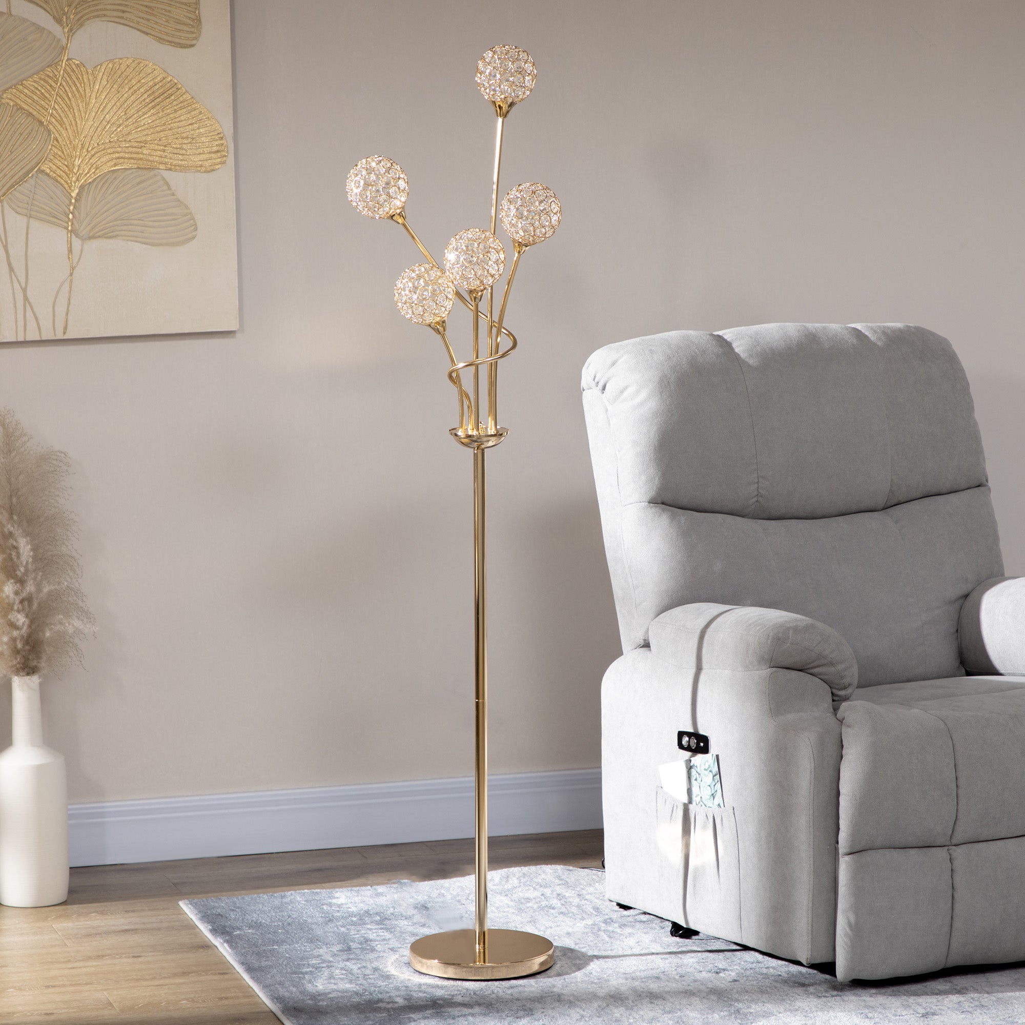 HOMCOM Crystal Floor Lamps for Living Room Bedroom with 5 Light, Modern Upright Standing Lamp, 34x25x156cm, Gold Tone - North Peak Garden Furniture