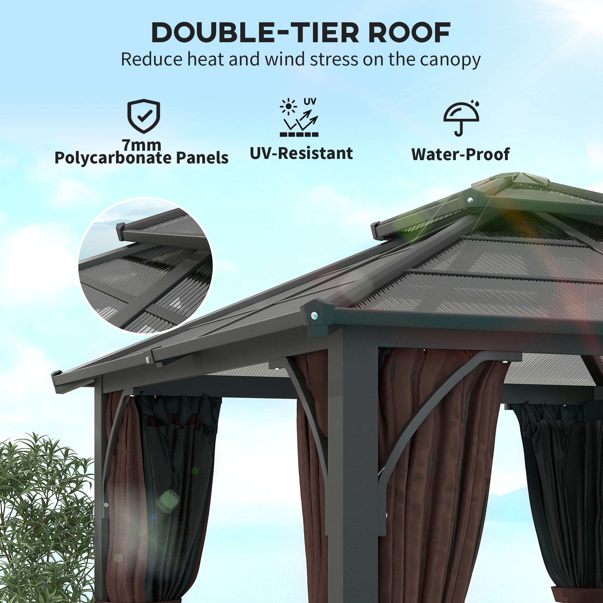 Outsunny 3 x 3(m) Hardtop Gazebo Canopy with 7mm Polycarbonate Double-Tier Roof, Garden Gazebo Permanent Pavilion with Mosquito Netting and Curtains for Patio, Deck, Brown