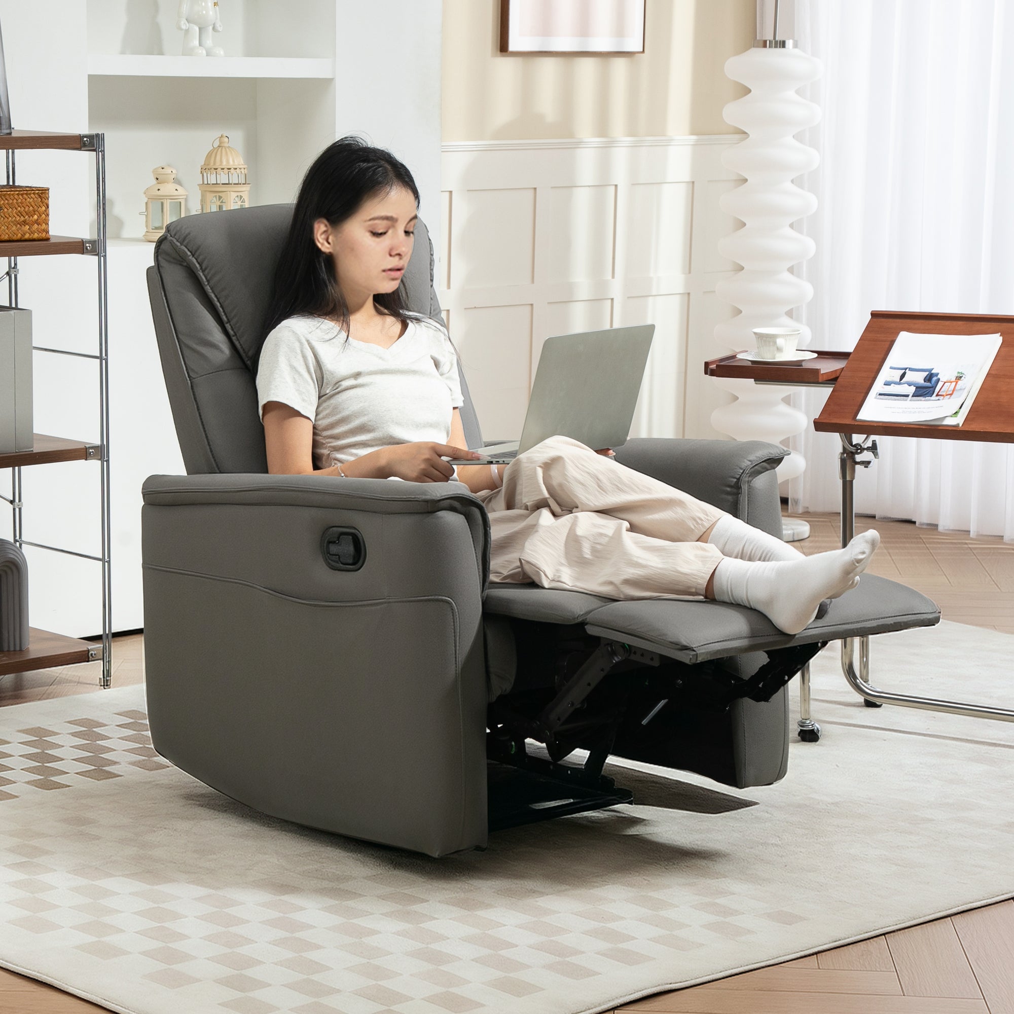 HOMCOM Recliner Armchair with Thick Padded Spring Cushion, Microfibre Manual Reclining Chair with Adjustable Leg Rest, Side Pockets for Living Room, Bedroom, Light Grey - North Peak Garden Furniture