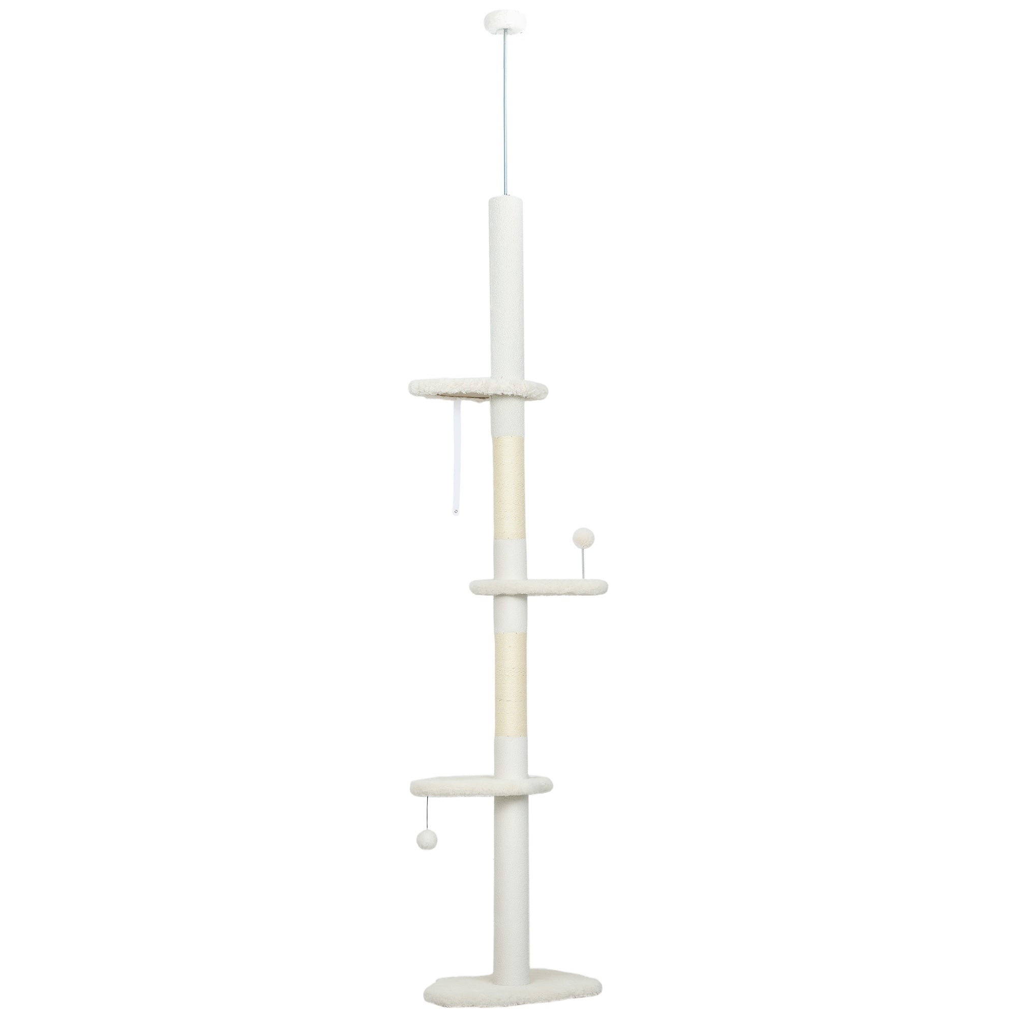 PawHut 225-255 cm Adjustable Cat Climbing Tower with Sisal Scratching Posts, 2 Hanging Play Balls and Anti-Tip Strap, Beige