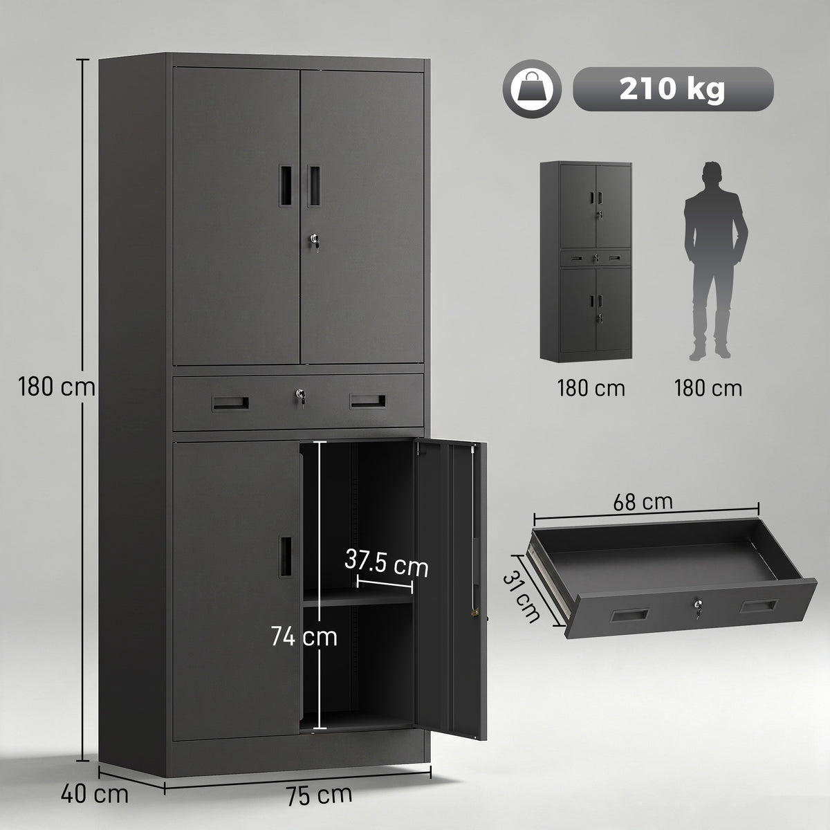HOMCOM Metal Storage Cabinet, 180cm Tall Tool Cabinet with Locking Doors, Drawer and Adjustable Shelves, Black