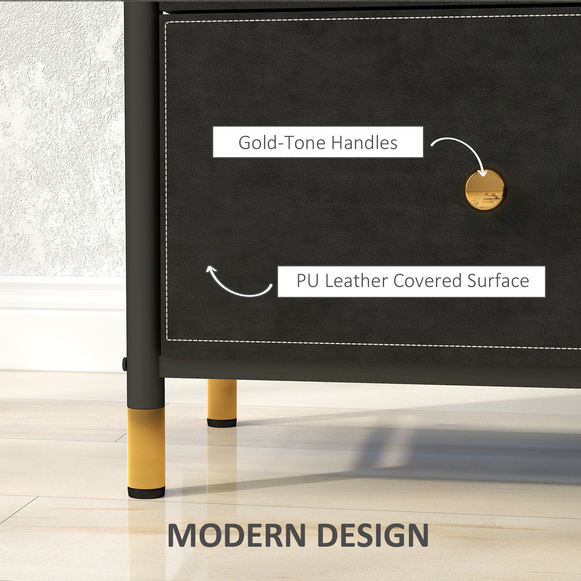 HOMCOM Faux Leather Front Chest of Three Drawers - Black - North Peak Garden Furniture