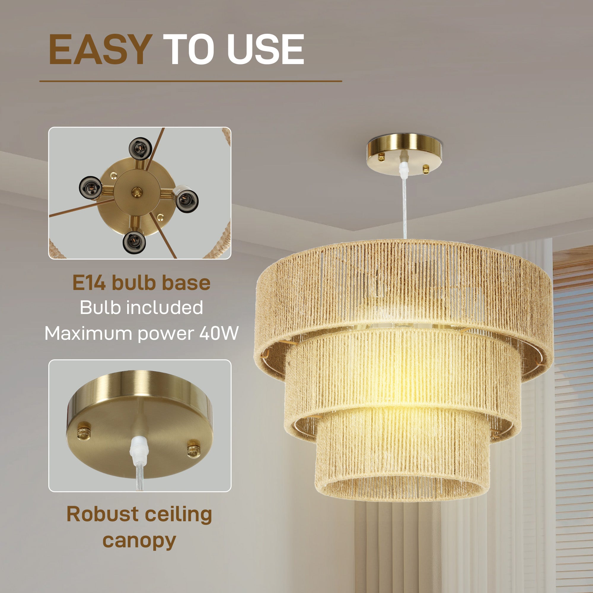 HOMCOM Hemp Rope Ceiling Light, 3-Layer Boho Pendant Light, E14 Vintage Ceiling Lamp Fixtures for Living Room, Bedroom, Kitchen, Hallway, Light Brown - North Peak Garden Furniture