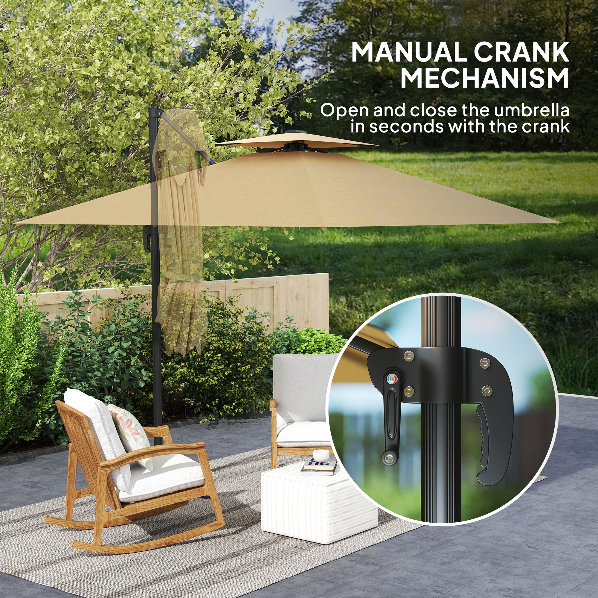 Outsunny 2.5m Cantilever Parasol with Solar Powered LED Lights, 360° Rotation, Tilt Adjustment, Crank Handle, Khaki - North Peak Garden Furniture
