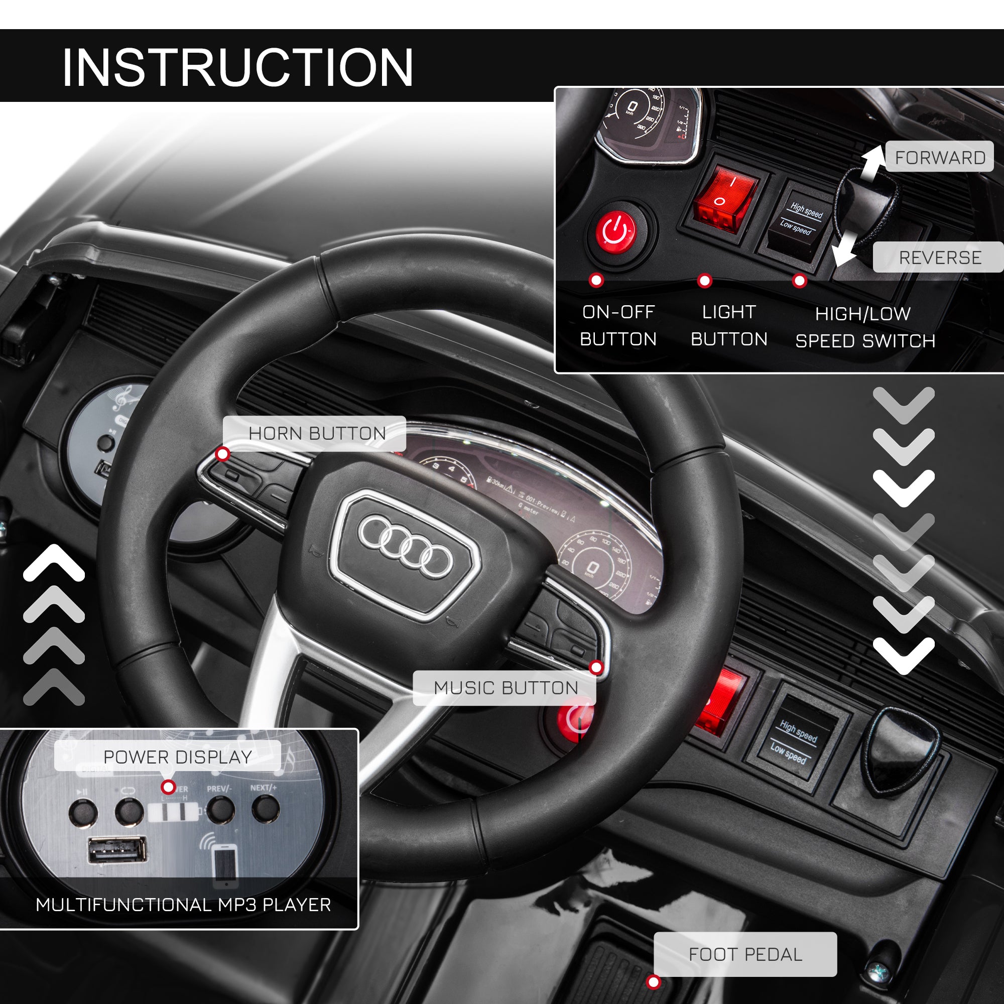 HOMCOM Audi RS Q8 Licensed 6V Kids Electric Ride On Car Toy Car with Remote Control Music Lights USB MP3 for 3-5 Years Old Black