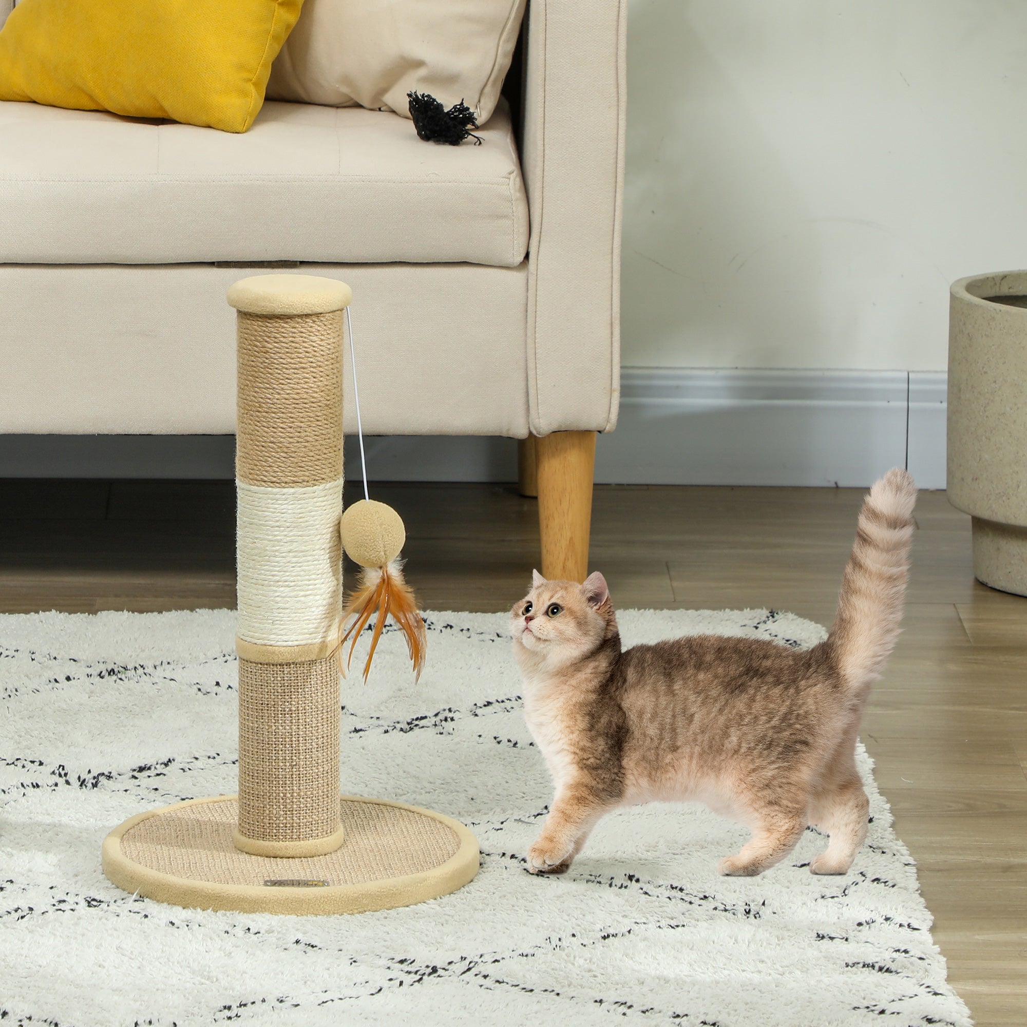 PawHut Cat Scratching Post for Indoor Cats, 47cm Tall Cat Scratcher with Jute Sisal Rope, Hanging Toy Ball, Feather, Brown