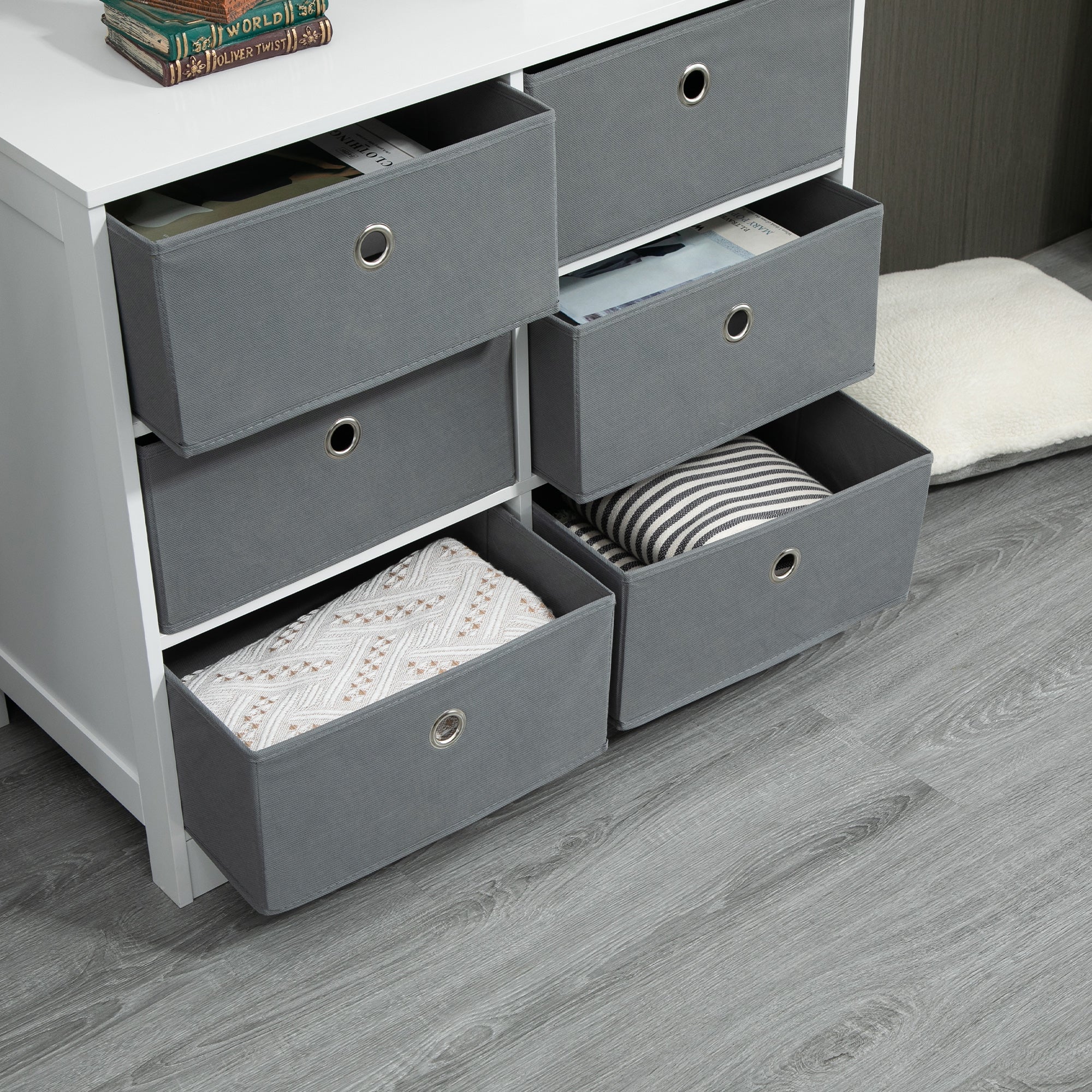 HOMCOM Bedroom Dresser: 6 Fabric Drawers for Living Room & Hallway Storage, White & Grey |