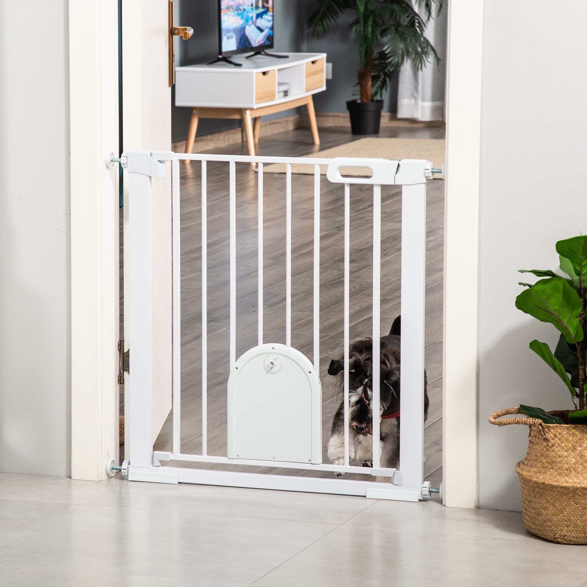 PawHut Dog Gate with Cat Flap Pet Safety Gate Barrier, Stair Pressure Fit, Auto Close, Double Locking, for Doorways, Hallways, 75-103 cm White - North Peak Garden Furniture