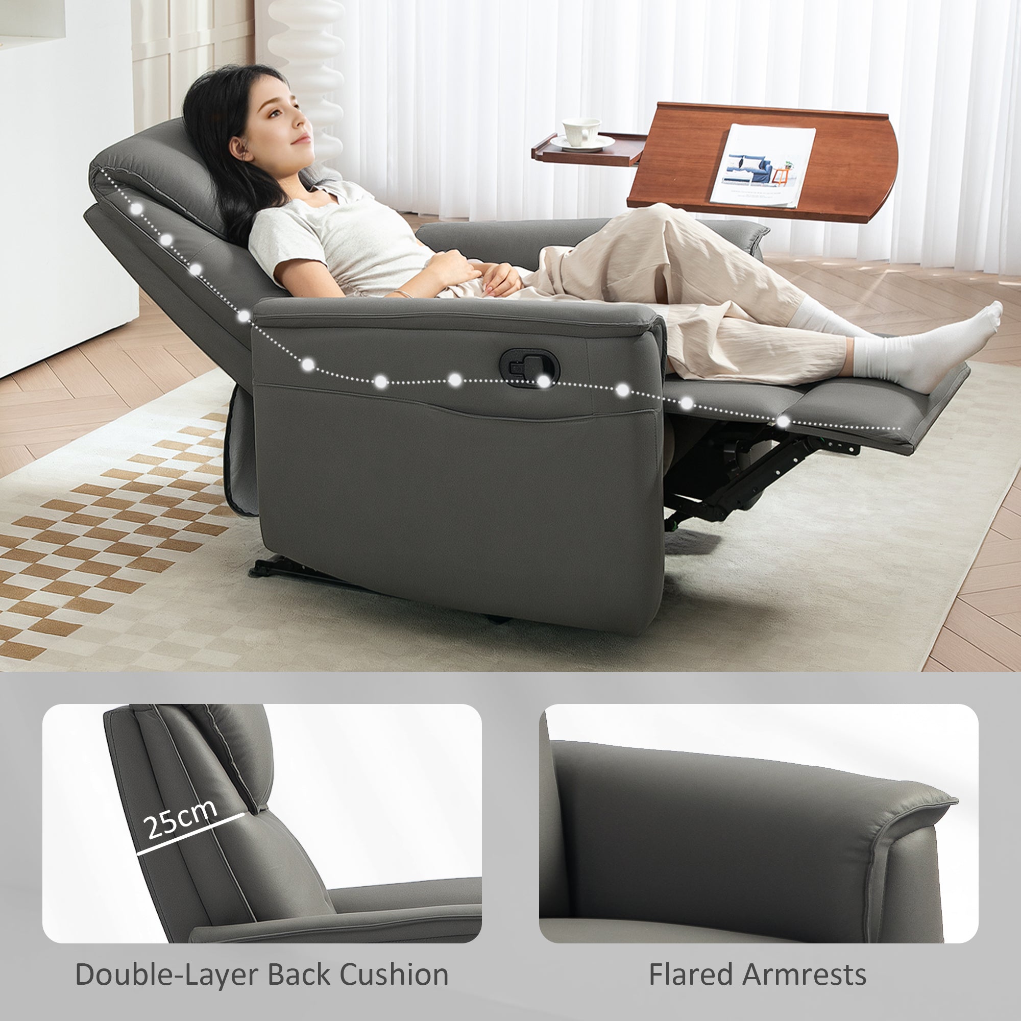 HOMCOM Recliner Armchair with Thick Padded Spring Cushion, Microfibre Manual Reclining Chair with Adjustable Leg Rest, Side Pockets for Living Room, Bedroom, Light Grey - North Peak Garden Furniture