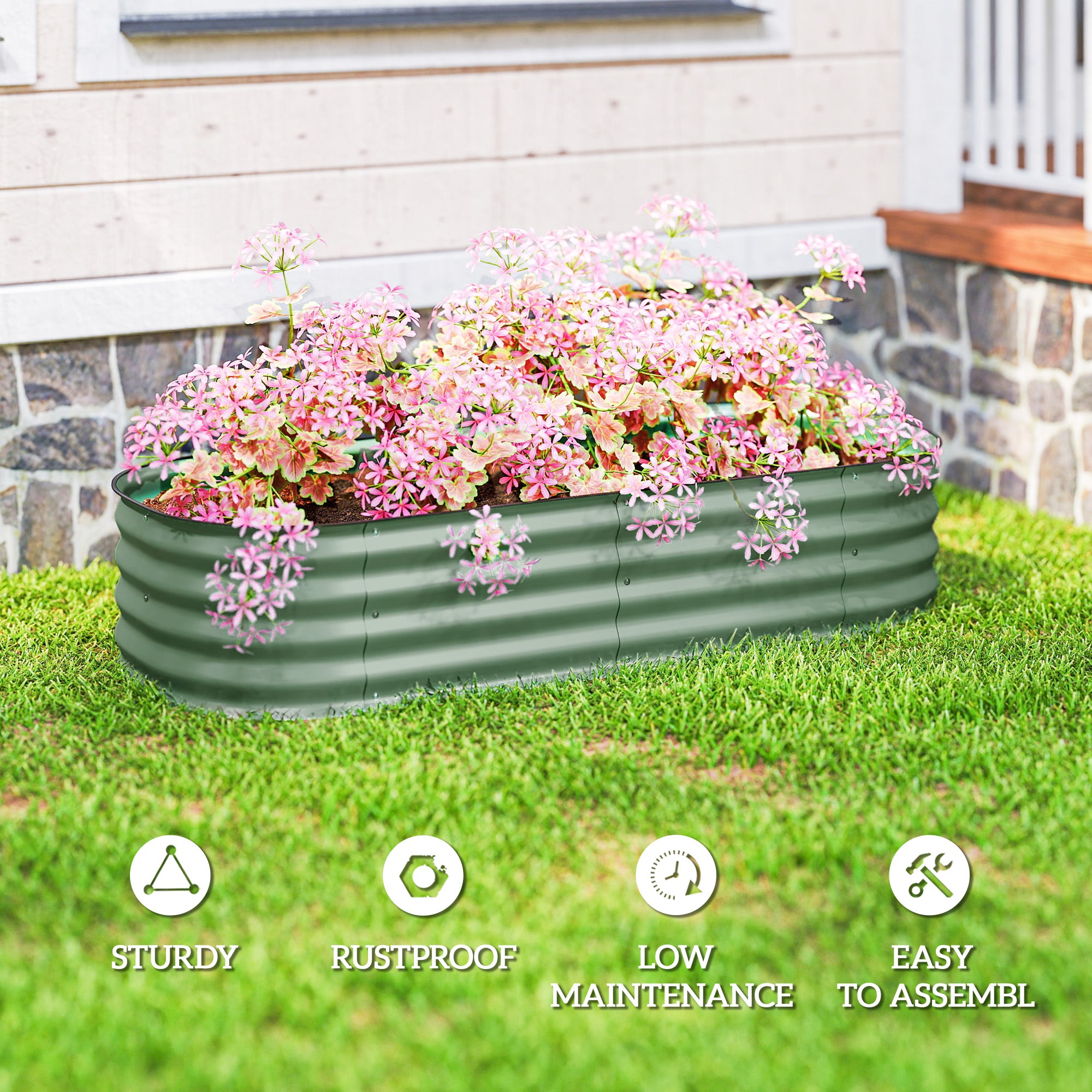 Outsunny Galvanised Raised Garden Bed, Metal Planter Box with Safety Edging, for Flowers, Herbs, Succulents, Green