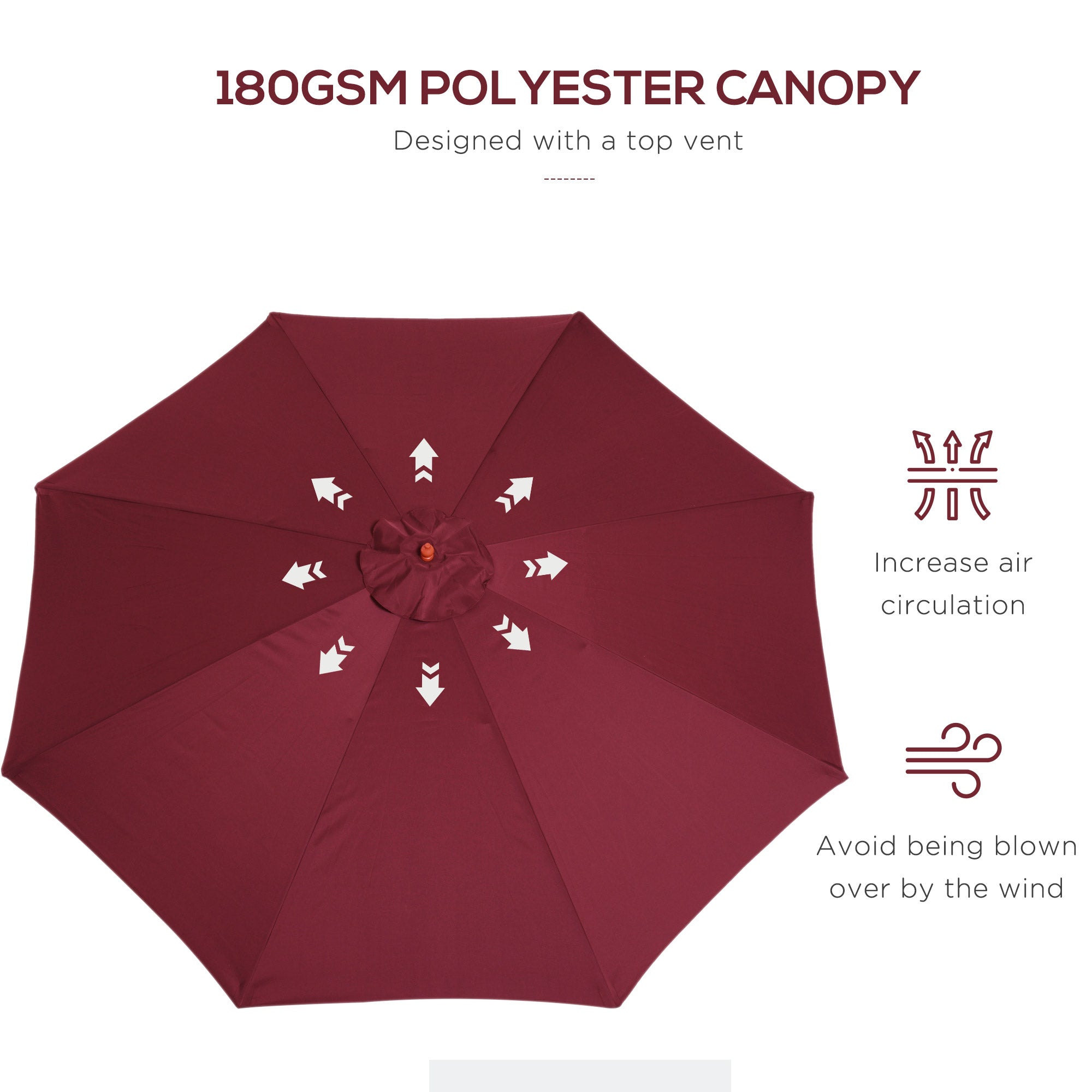 Outsunny 3(m) Garden Parasol, Pulley Operated Patio Umbrella, Wooden Table Market Umbrella with Rope Pulley Mechanism and 8 Ribs, Wine Red - North Peak Garden Furniture