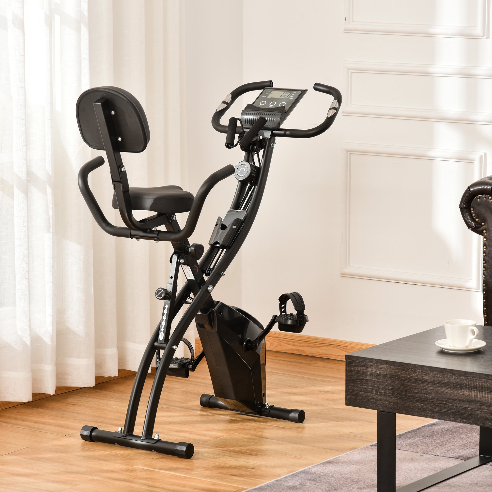 HOMCOM 2-in-1 Folding Exercise Bike with 8-Level Magnetic Resistance, Arm Resistance Band, Pulse Sensor, Black - North Peak Garden Furniture